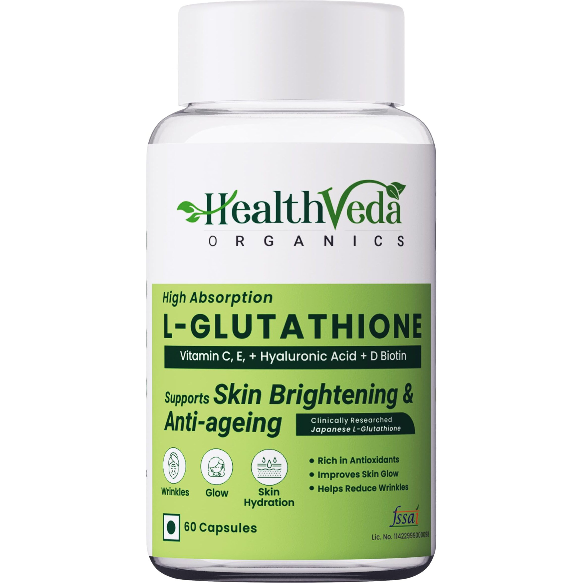 Health Veda Organics L-Glutathione 1000Mg Capsules With Grape Seed Extract, Vitamin C, Vitamin E, Alpha Lipoic Acid, Hyaluronic Acid, And Biotin For Skin Glow & Antioxidant Support - 60 Veg Capsules