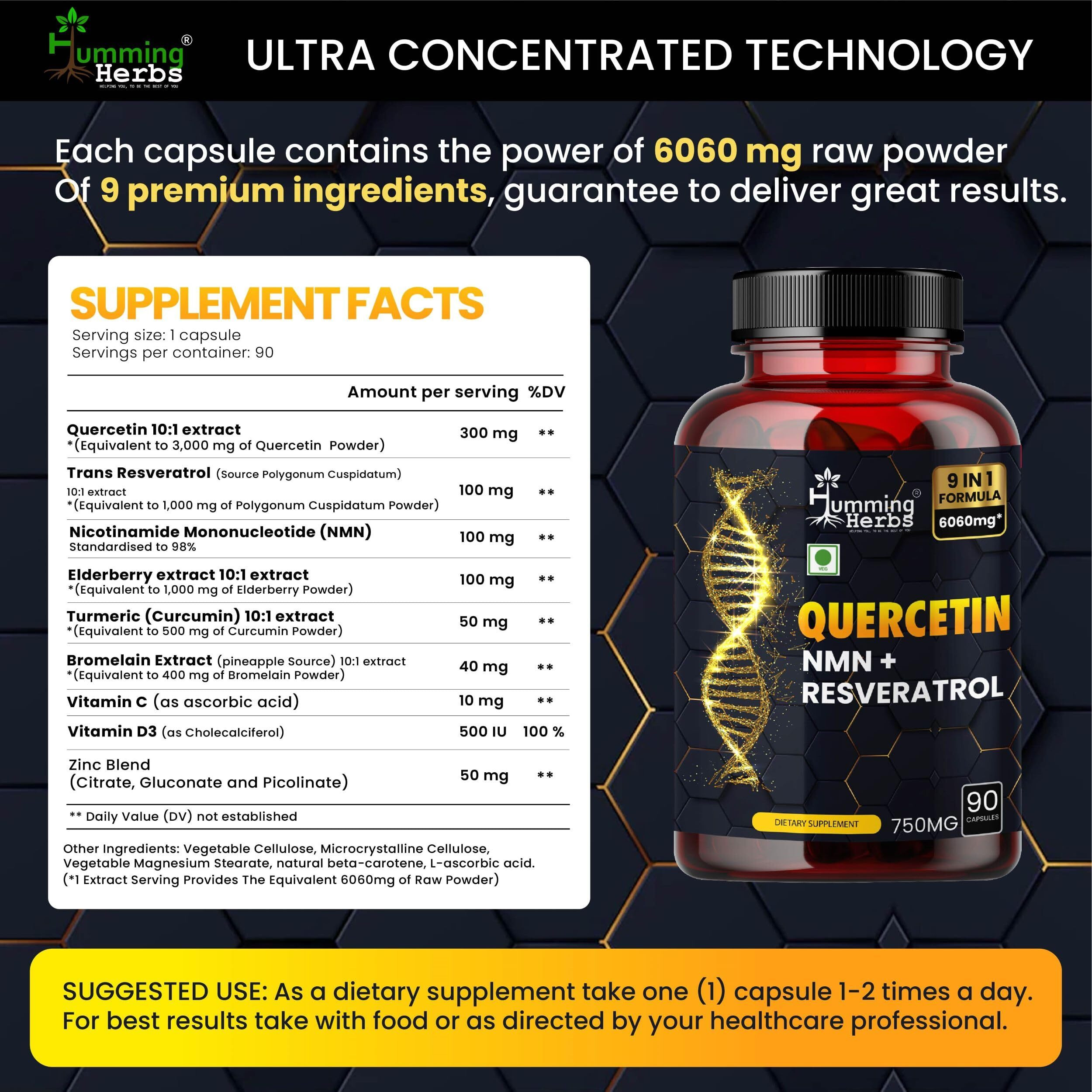 Humming Herbs Quercetin Supplement - Nmn Plus Resveratrol Extract - 90 Capsules