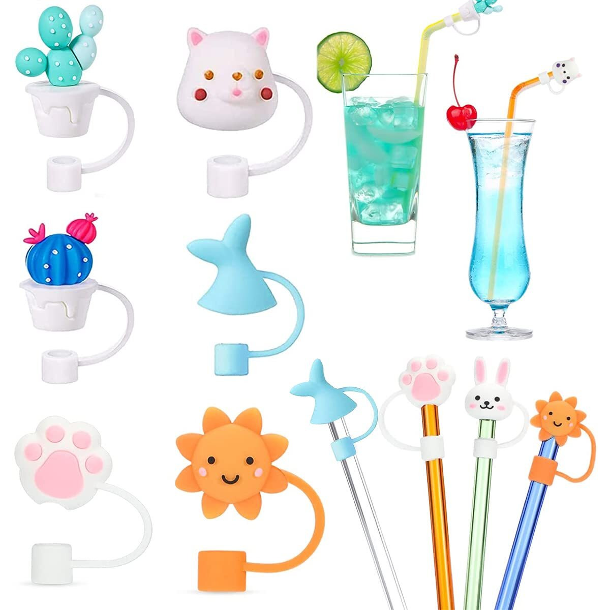 Hasthip 6Pcs Silicone Straw Tips Cap, Lids Anti-Dust Silicone Straw Caps, Straw Toppers For Reusable Drinking Straw Lids Cute Dust-Proof Straw Plug For 6-8 Mm