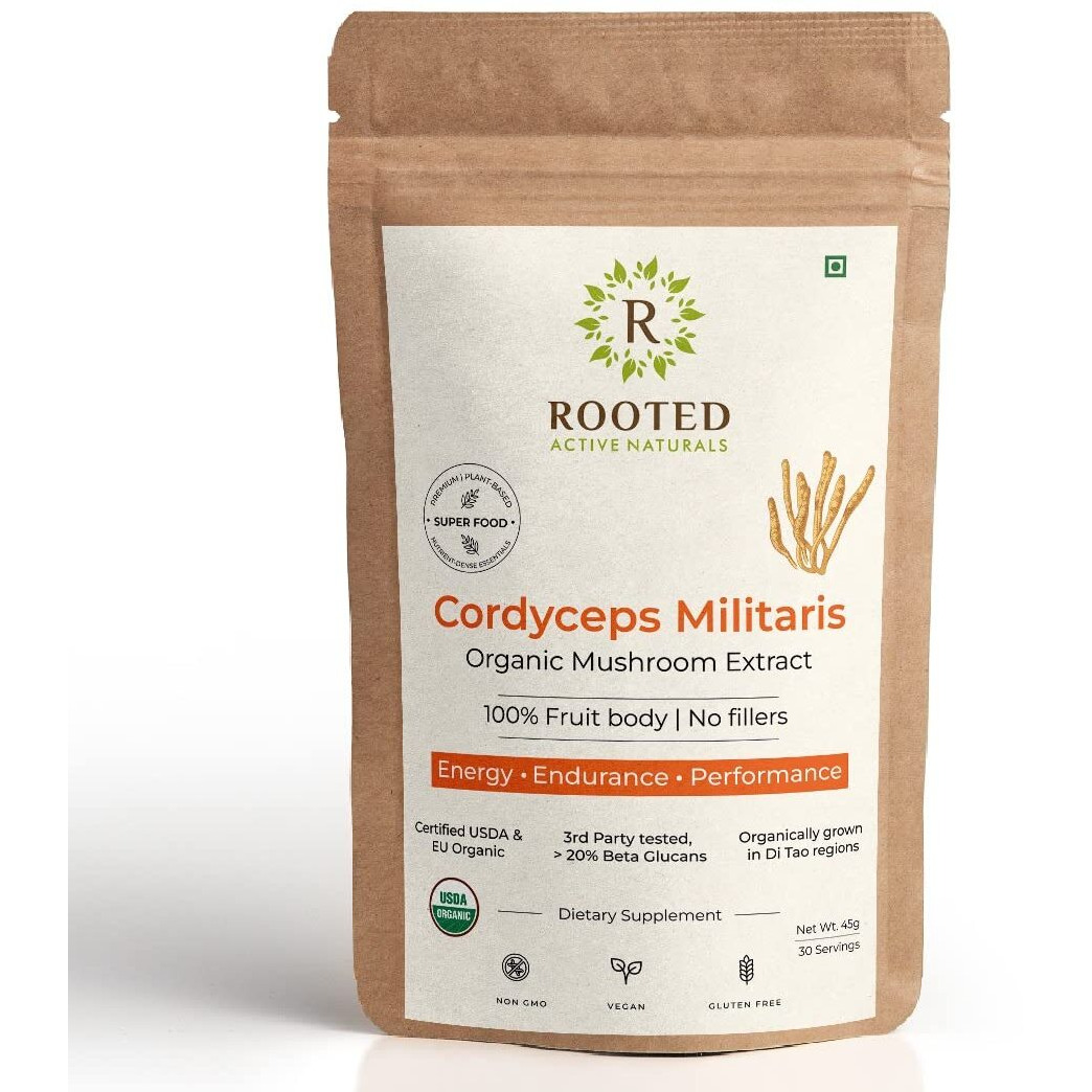 Rooted Actives Cordyceps Mushroom Extract Powder (45 G) |Energy, Stamina & Endurance | Supports Testosterone, Virility, Lung Health, Usda Organic, 20% Beta Glucans