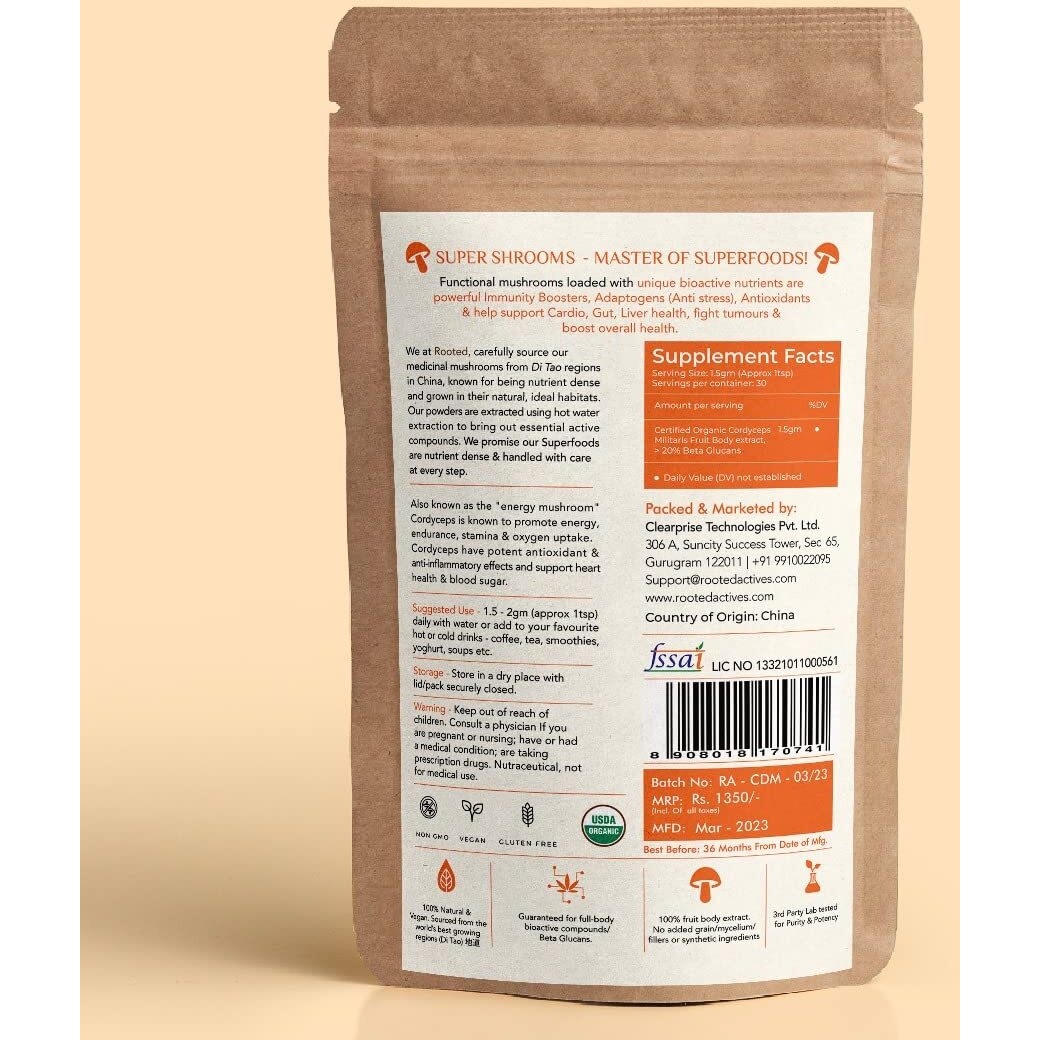 Rooted Actives Cordyceps Mushroom Extract Powder (45 G) |Energy, Stamina & Endurance | Supports Testosterone, Virility, Lung Health, Usda Organic, 20% Beta Glucans