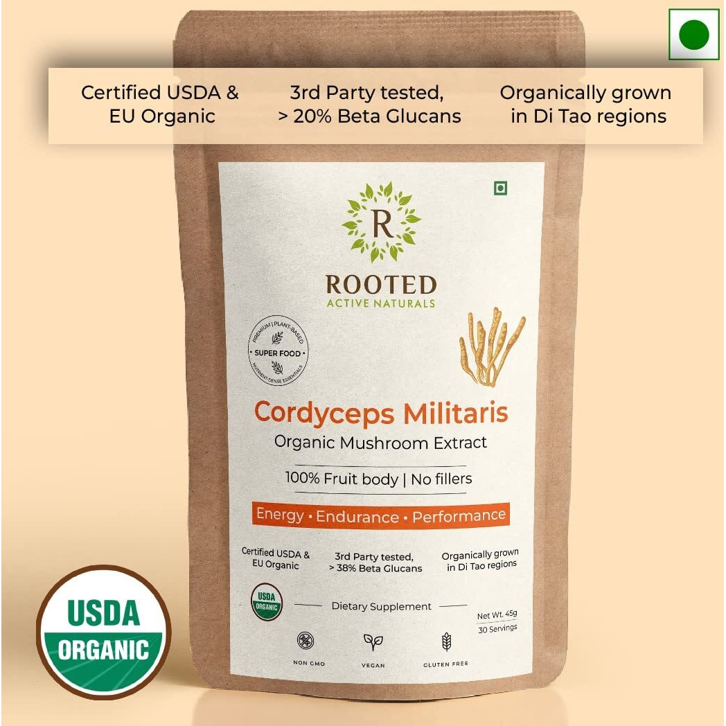 Rooted Actives Cordyceps Mushroom Extract Powder (45 G) |Energy, Stamina & Endurance | Supports Testosterone, Virility, Lung Health, Usda Organic, 20% Beta Glucans