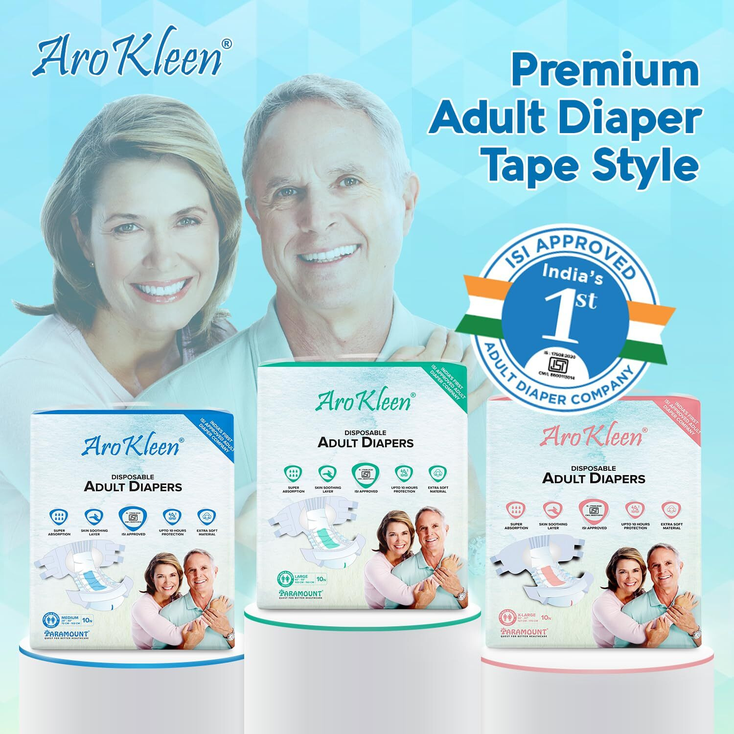 Arokleen (Isi Certified) Adult Diapers Tape Style | Unisex, High Absorbency, Leak Proof, Overnight Protection, Odour Lock, Anti-Bacterial Absorbent Core (Large, 50, Count)