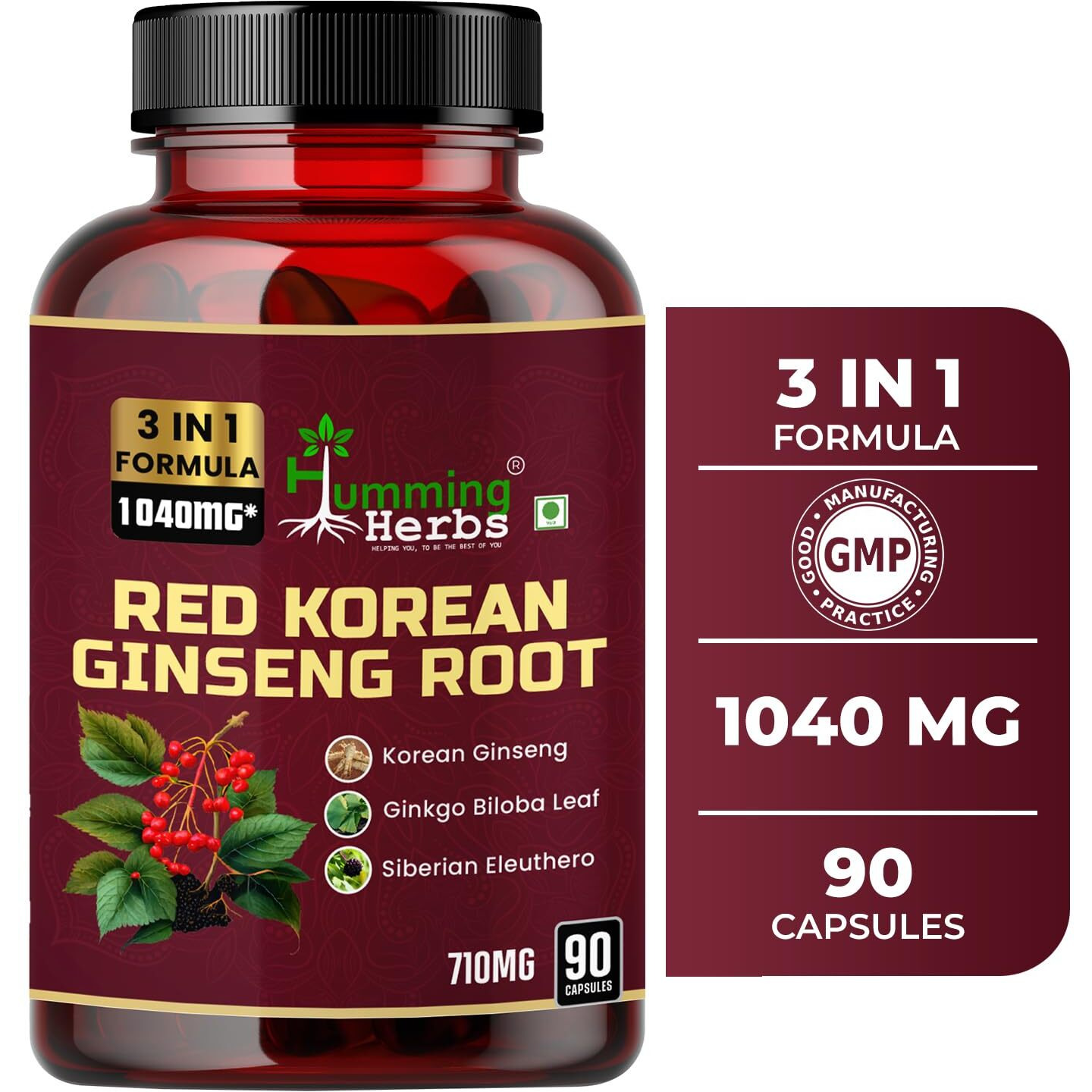 Humming Herbs Red Korean Ginseng With Ginkgo Biloba Leaf, Siberian Ginseng, Supports Energy, Concentration, Immune System And Improves Mental Clarity Bio-Available Supplement | 90 Cap
