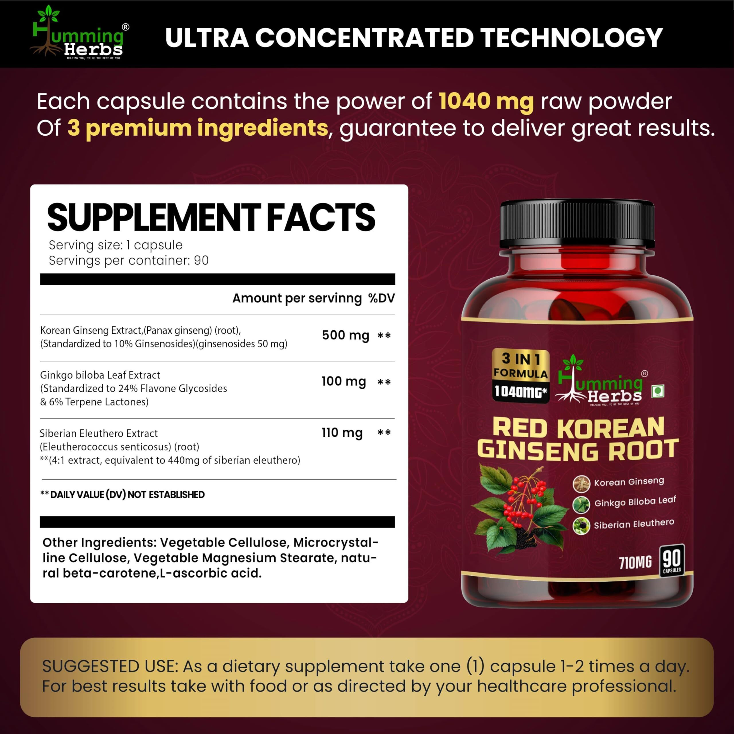Humming Herbs Red Korean Ginseng With Ginkgo Biloba Leaf, Siberian Ginseng, Supports Energy, Concentration, Immune System And Improves Mental Clarity Bio-Available Supplement | 90 Cap