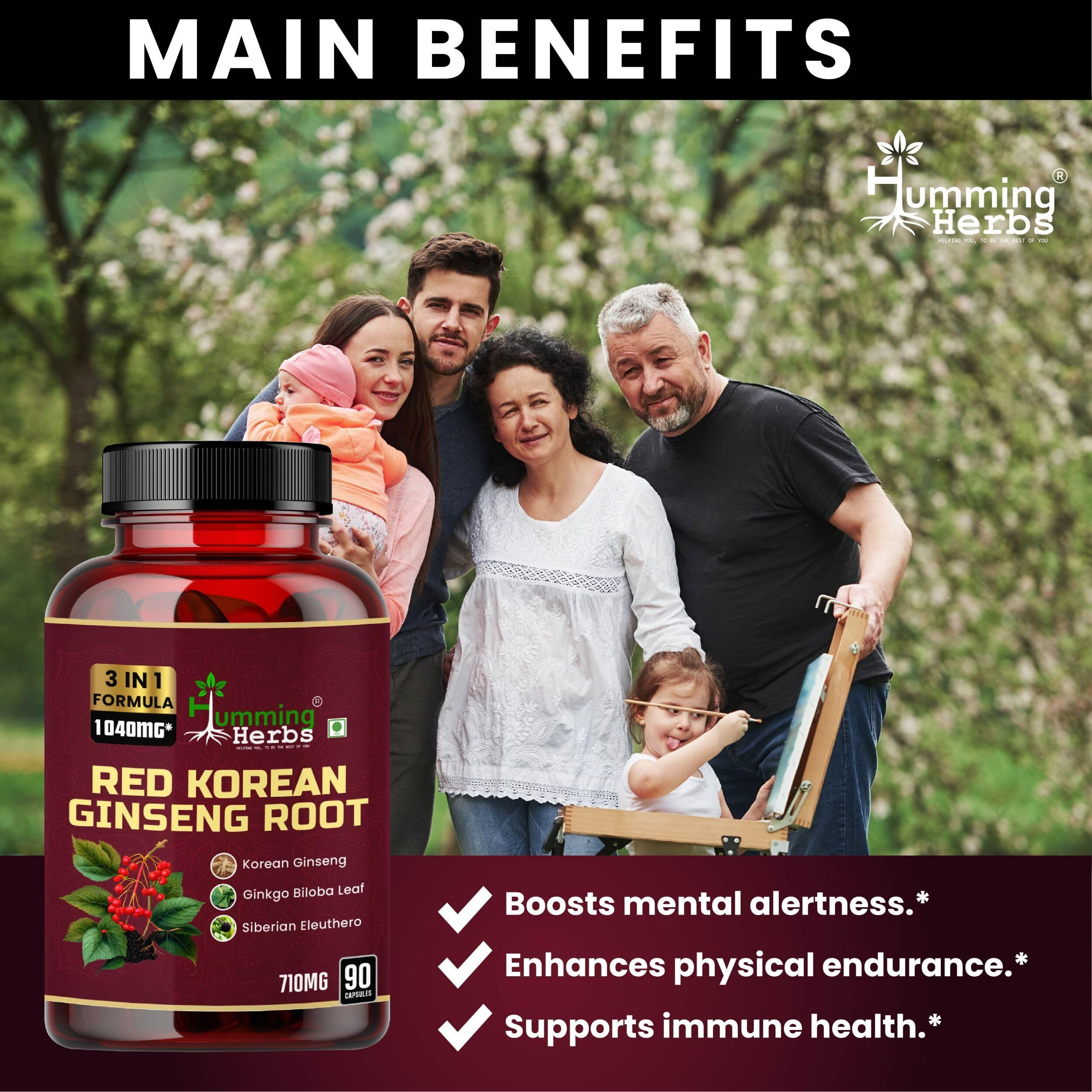 Humming Herbs Red Korean Ginseng With Ginkgo Biloba Leaf, Siberian Ginseng, Supports Energy, Concentration, Immune System And Improves Mental Clarity Bio-Available Supplement | 90 Cap