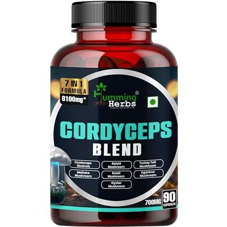 Humming Herbs Cordyceps Sinensis Keeda Jadi Supplement 8100Mg With Reishi, Chaga, Enoki, Oyster & Maitake Mushroom Supports Lungs Detox And Immune Support 7In1 Formula - 90 Cap