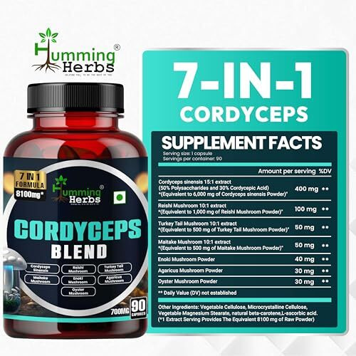 Humming Herbs Cordyceps Sinensis Keeda Jadi Supplement 8100Mg With Reishi, Chaga, Enoki, Oyster & Maitake Mushroom Supports Lungs Detox And Immune Support 7In1 Formula - 90 Cap