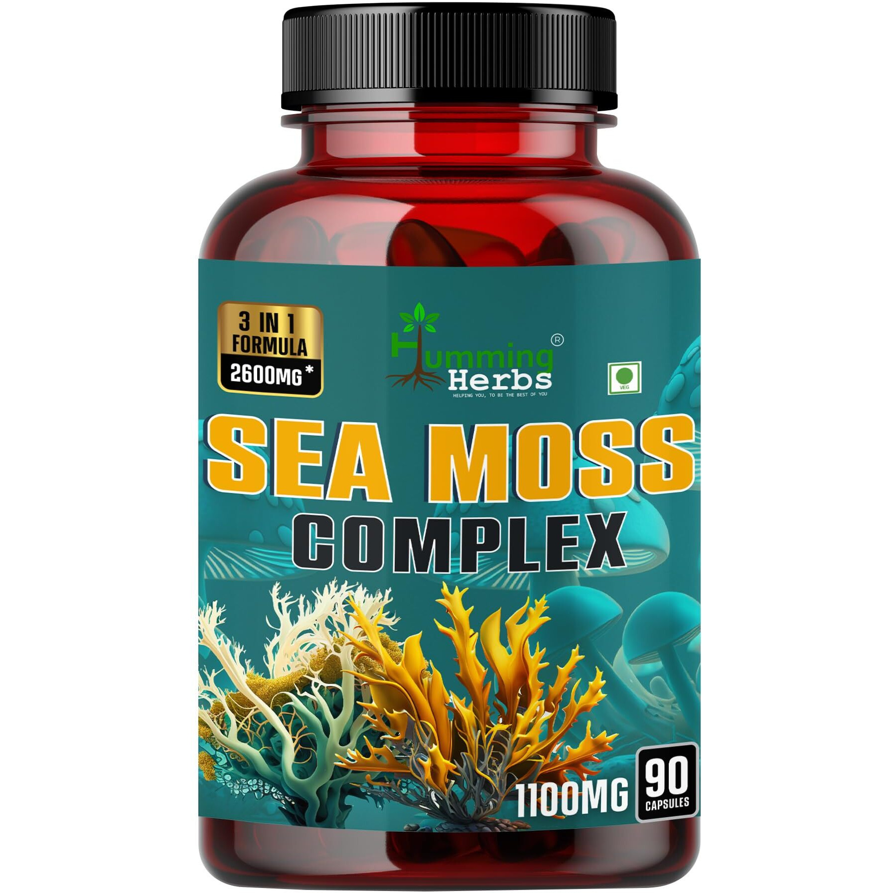 Humming Herbs Sea Moss Complex 90 Capsules - With Irish Sea Moss Powder, Bladderwrack, Burdock Root Extract | Sourced From European Sea's | Bio Available Minerals For Thyroid, Skin And Joint Support