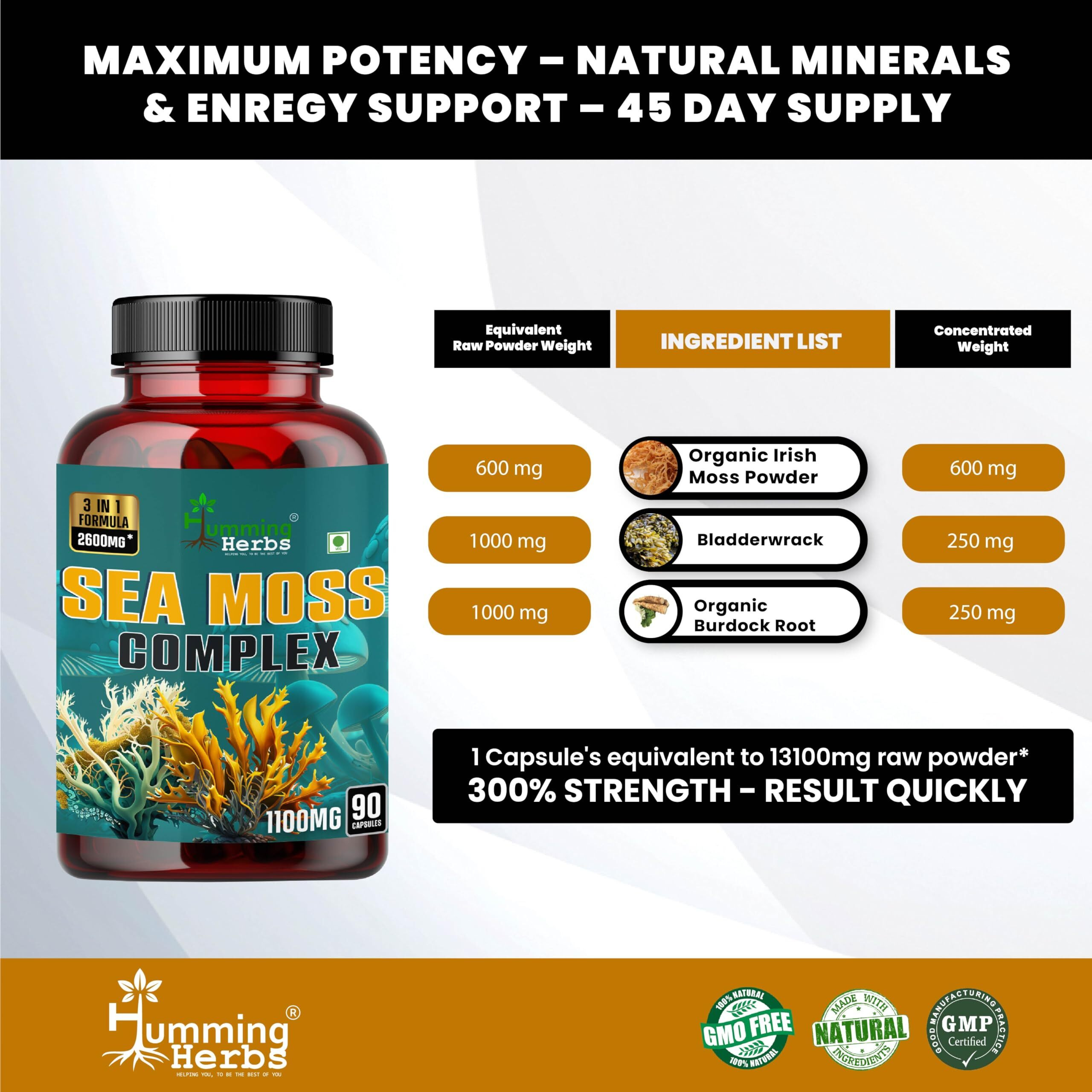 Humming Herbs Sea Moss Complex 90 Capsules - With Irish Sea Moss Powder, Bladderwrack, Burdock Root Extract | Sourced From European Sea's | Bio Available Minerals For Thyroid, Skin And Joint Support