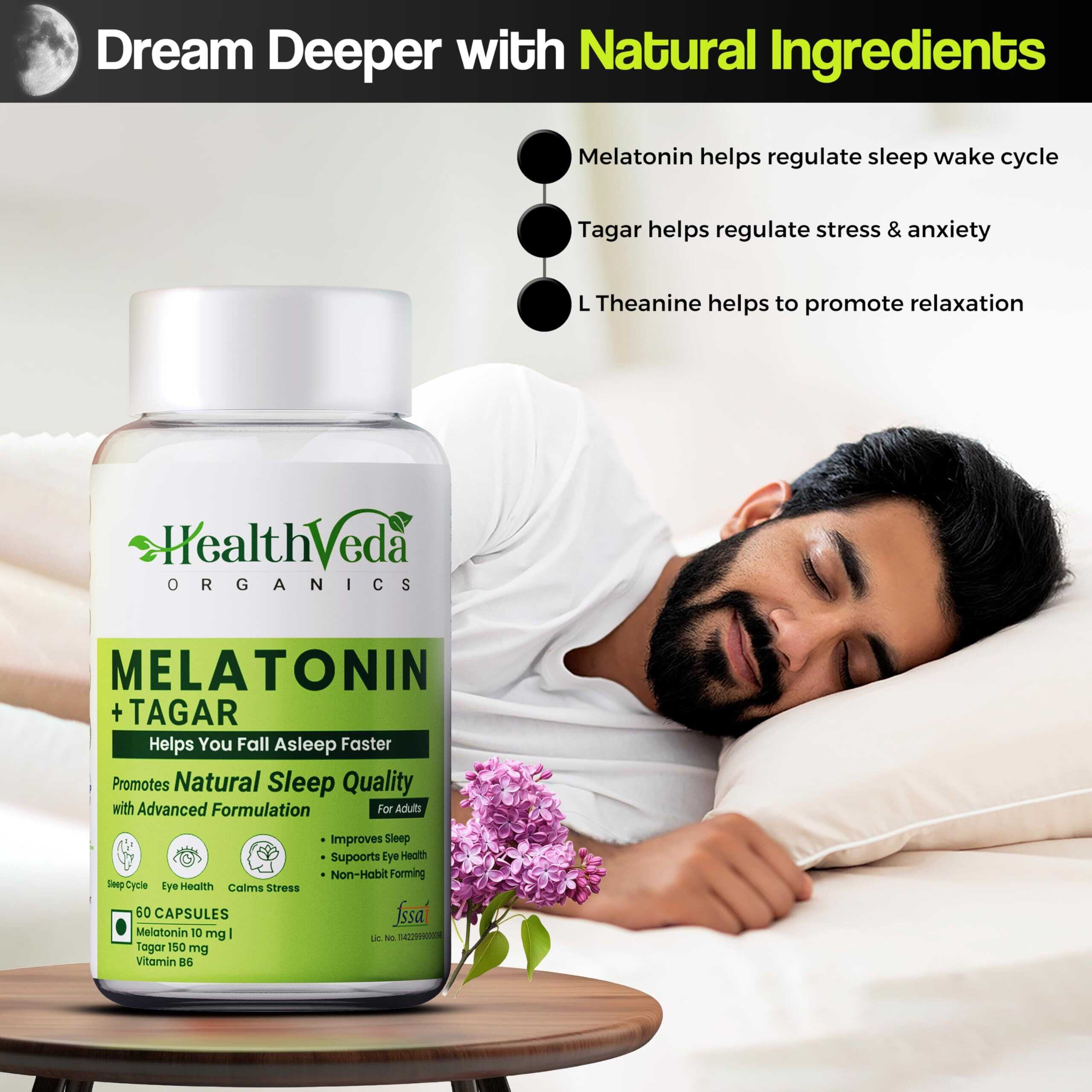 Health Veda Organics Melatonin (10 Mg) + Tagar (125 Mg) | 180 Veg Capsules | For Better Sleep & Relaxation | Healthy Sleep Cycle | For Both Men & Women (Pack Of 3)