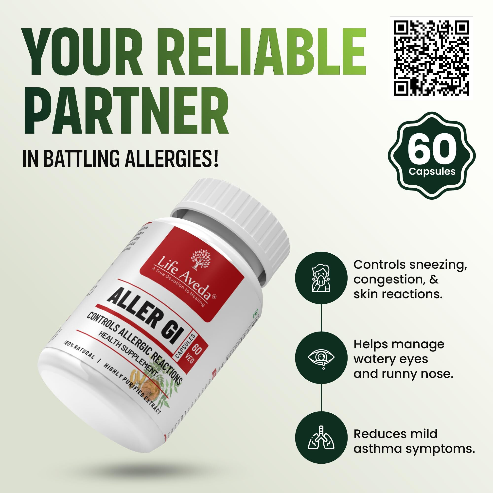 Life Aveda 100% Natural Ayurvedic Aller Gi Capsules For Allergic Reactions, Reduces Mild Asthma, Sneezes, Reduces Congestion And Skin Redness - 60 Capsules (Pack Of 1)