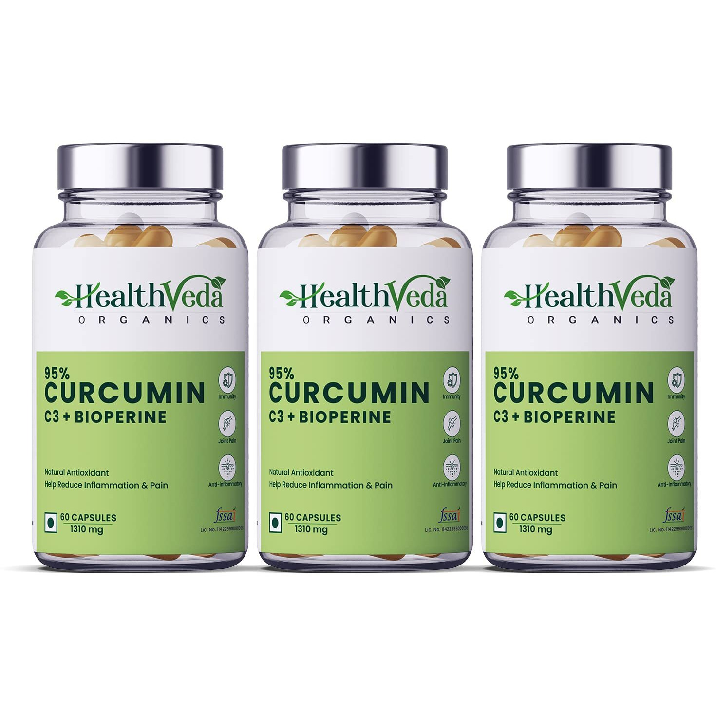 Health Veda Organics Curcumin C3 + Bioperine Supplements, 1310 Mg | 180 Veg Capsules | Supports Joint & Muscle Health | Boost Immunity | For Men & Women (Pack Of 3)