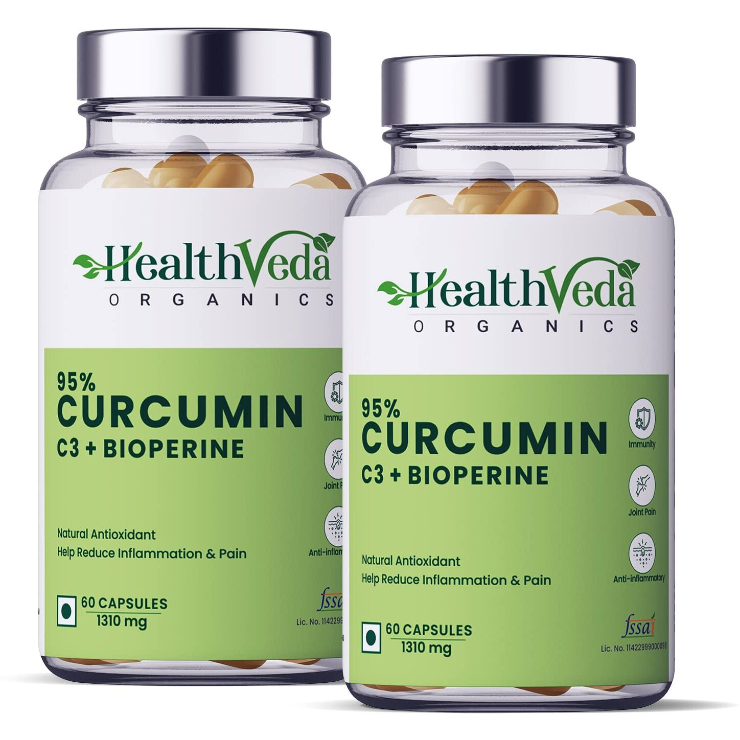 Health Veda Organics Curcumin C3 + Bioperine Supplements, 1310 Mg | 120 Veg Capsules | Supports Joint & Muscle Health | Boost Immunity | For Men & Women (Pack Of 2)