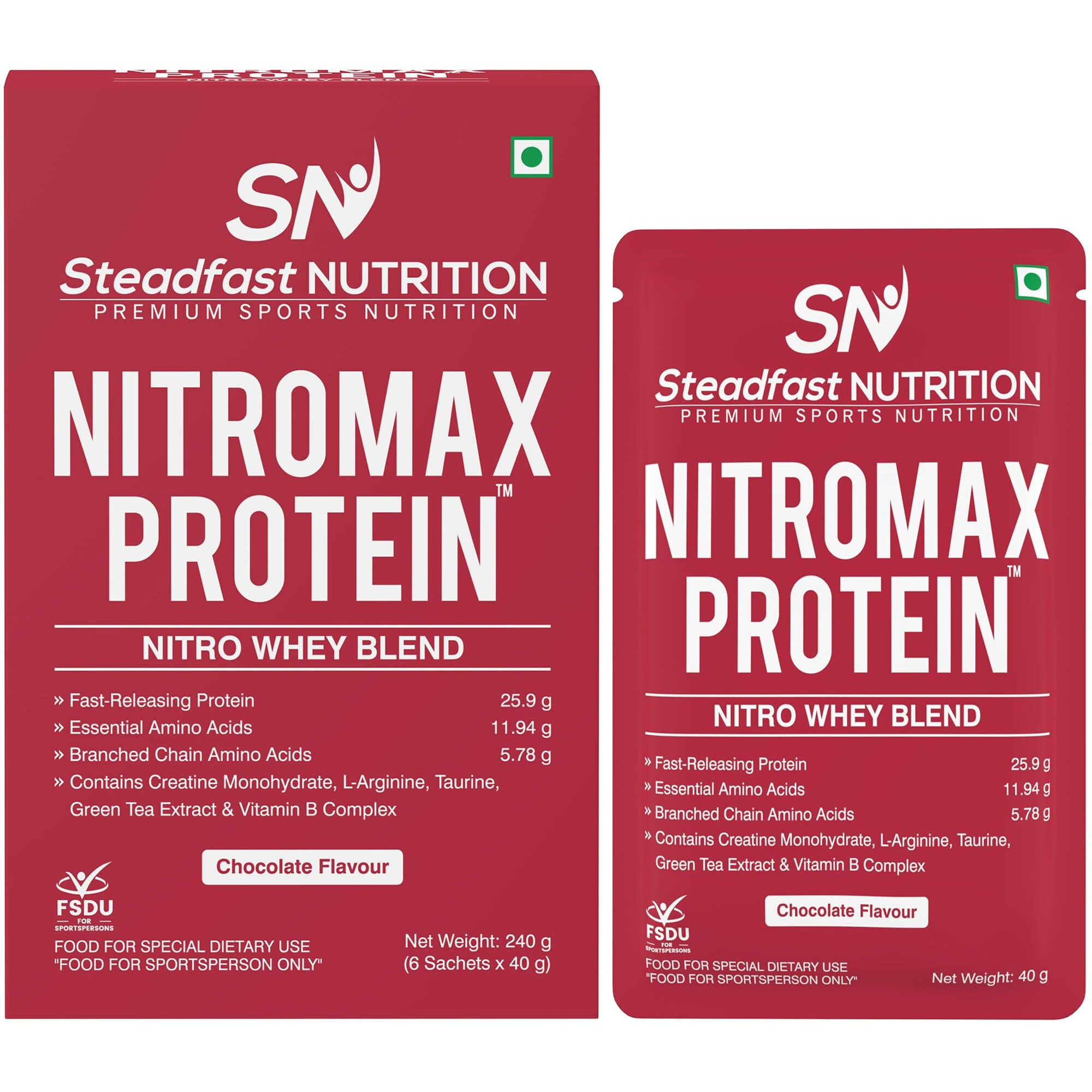Steadfast Nutrition Nitromax Protein |25.9G Fast Releasing Protein, 11.94G Eaa, 5.78G Bcaa Per Sachet | Increases Muscle Pump, Strength, Lean Muscle (6 Sachets, Chocolate)