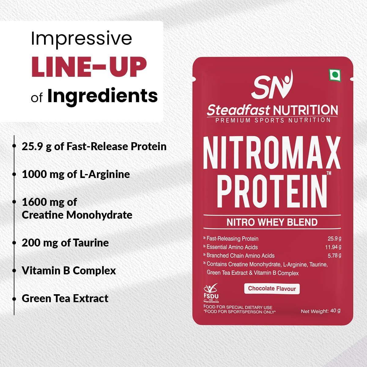 Steadfast Nutrition Nitromax Protein |25.9G Fast Releasing Protein, 11.94G Eaa, 5.78G Bcaa Per Sachet | Increases Muscle Pump, Strength, Lean Muscle (6 Sachets, Chocolate)