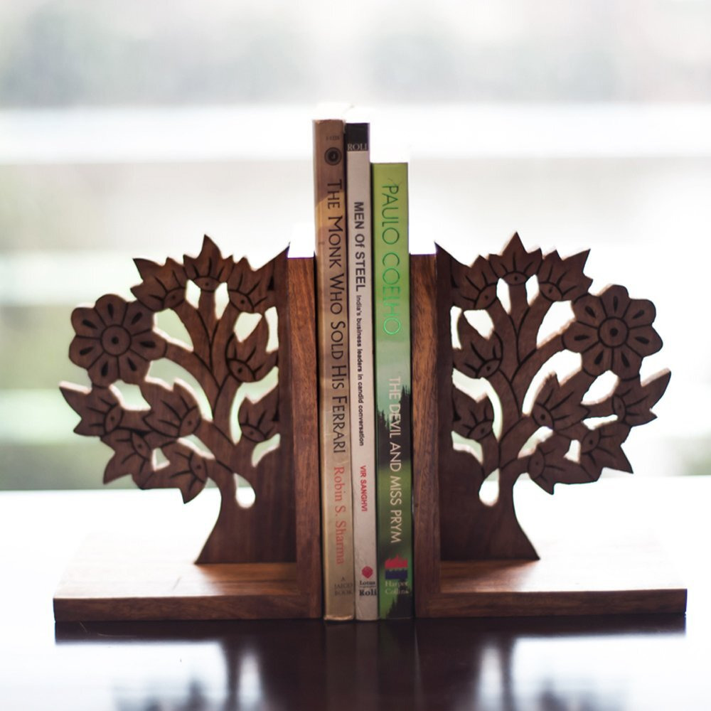 Exclusivelane 'Engraved Tree' Handcrafted Wooden Book Ends For Shelf (Sheesham Wood) | Bookends For Heavy Books Shelf For Home Book Stand Book Ends For Table Book Holder Book Stopper Book Ends Wooden