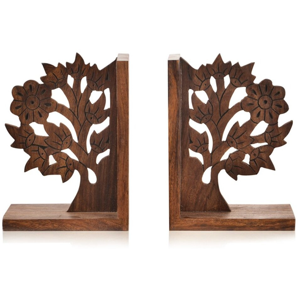 Exclusivelane 'Engraved Tree' Handcrafted Wooden Book Ends For Shelf (Sheesham Wood) | Bookends For Heavy Books Shelf For Home Book Stand Book Ends For Table Book Holder Book Stopper Book Ends Wooden