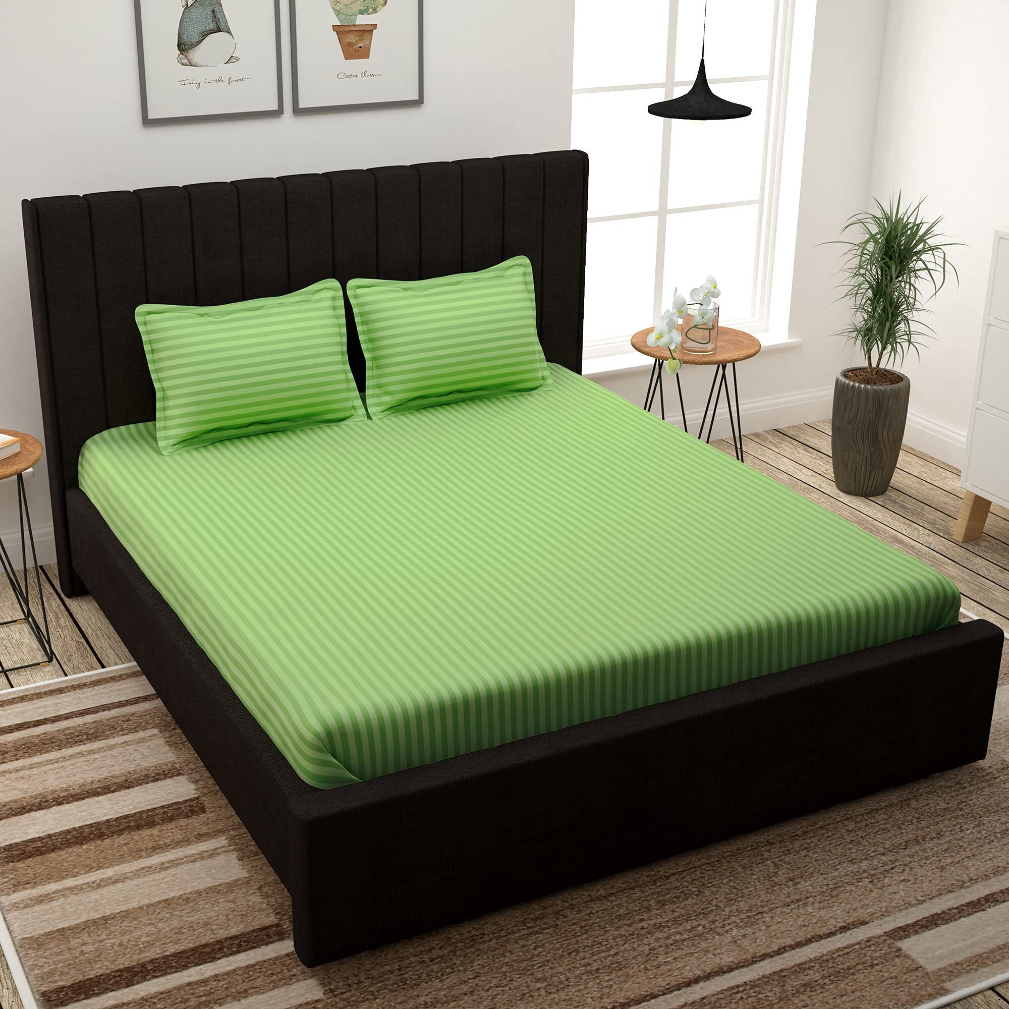 Story@Home Bedsheet For King Size Bed | Cotton Bedsheet | Stripes King Size Bed Sheet Cotton With 2 King Size Pillow Covers(270 X 270Cm, Green) King Bedsheet | Perfect For Home Decor | 300Tc