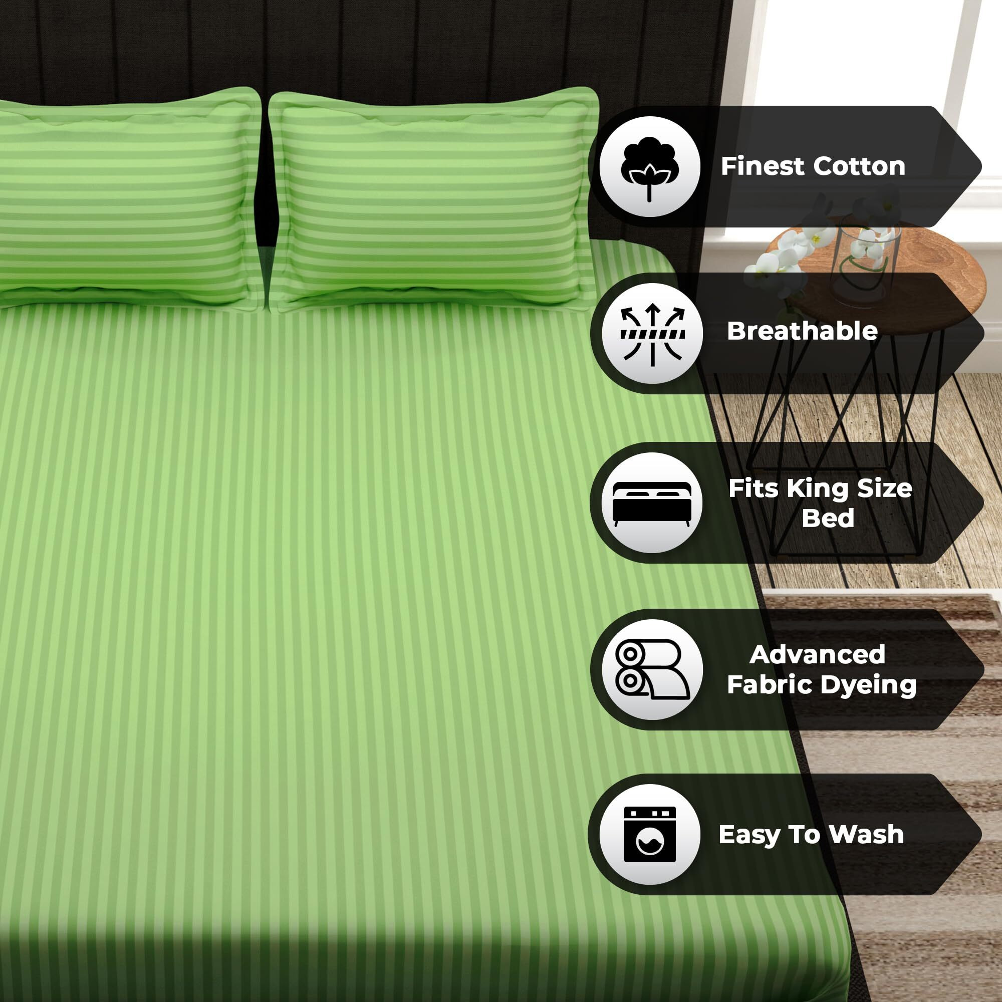 Story@Home Bedsheet For King Size Bed | Cotton Bedsheet | Stripes King Size Bed Sheet Cotton With 2 King Size Pillow Covers(270 X 270Cm, Green) King Bedsheet | Perfect For Home Decor | 300Tc