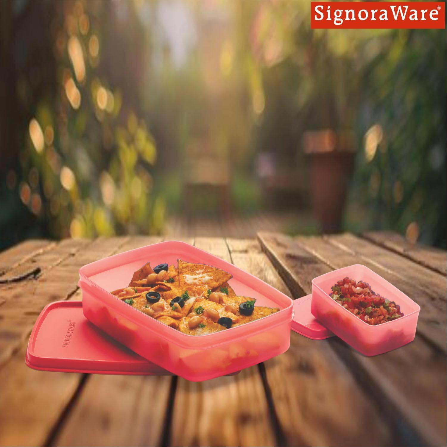 Signora Ware Easy Jumbo Compartment Lunch Box Set Of 2,Bpa Free Plastic,Microwave Safe Food Grade Tiffin Boxes Office School,Leak Proof Air Tight (850Ml+150Ml,Rectangular,Red,2 Section Storage)