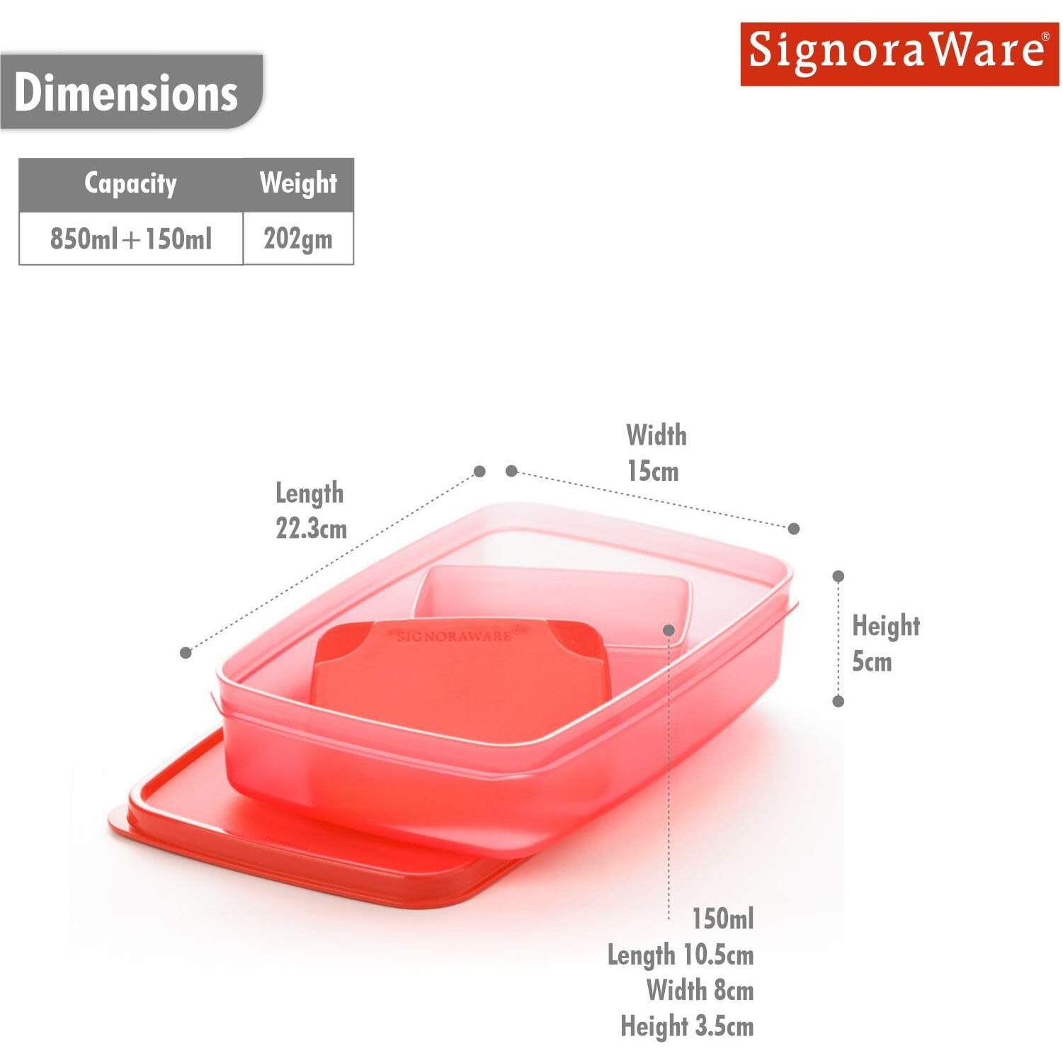 Signora Ware Easy Jumbo Compartment Lunch Box Set Of 2,Bpa Free Plastic,Microwave Safe Food Grade Tiffin Boxes Office School,Leak Proof Air Tight (850Ml+150Ml,Rectangular,Red,2 Section Storage)