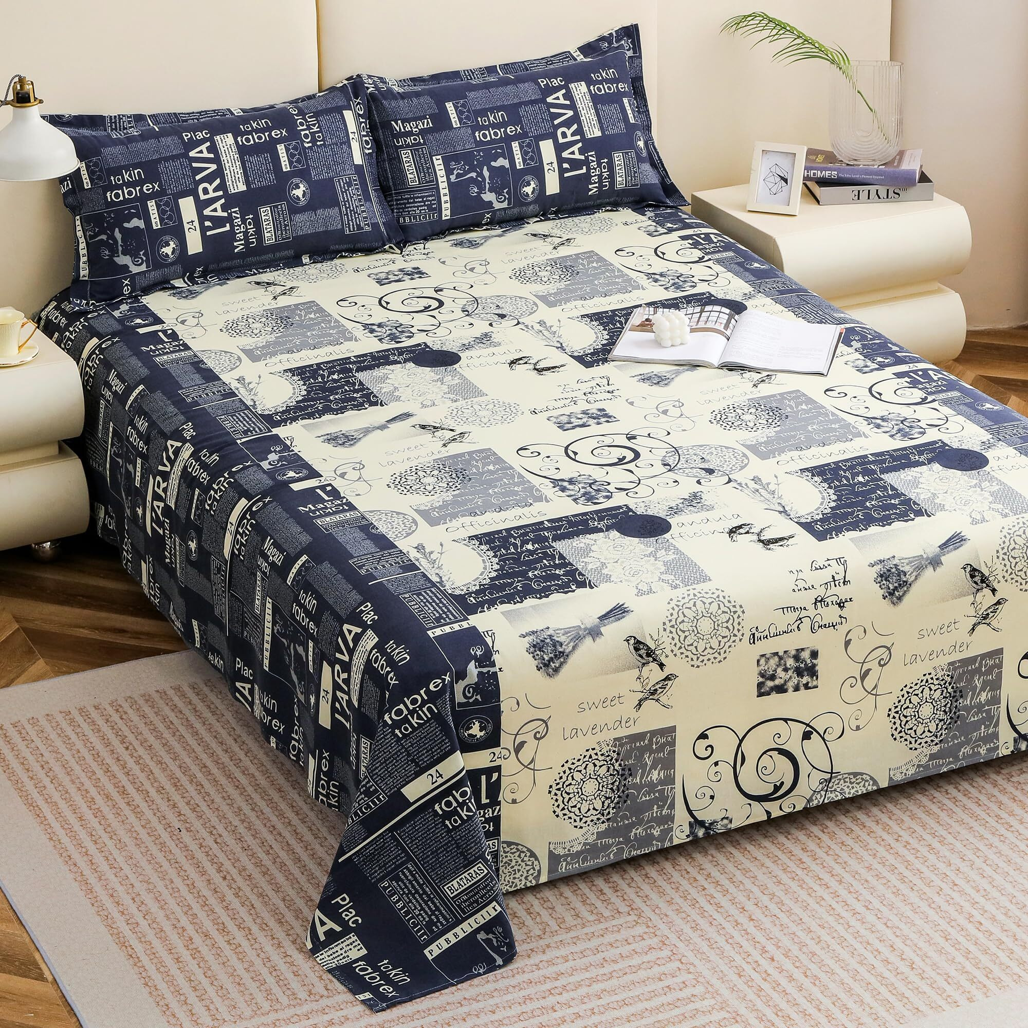 Story@Home Bedsheet For Double Bed King Size With 2 Pillow Covers | 210Tc, 100% Pure Cotton Bed Sheets For Double Bed | 225 X 270Cm | Blue & Cream | Newspaper Print | Home Decor | Perfect For Gifting