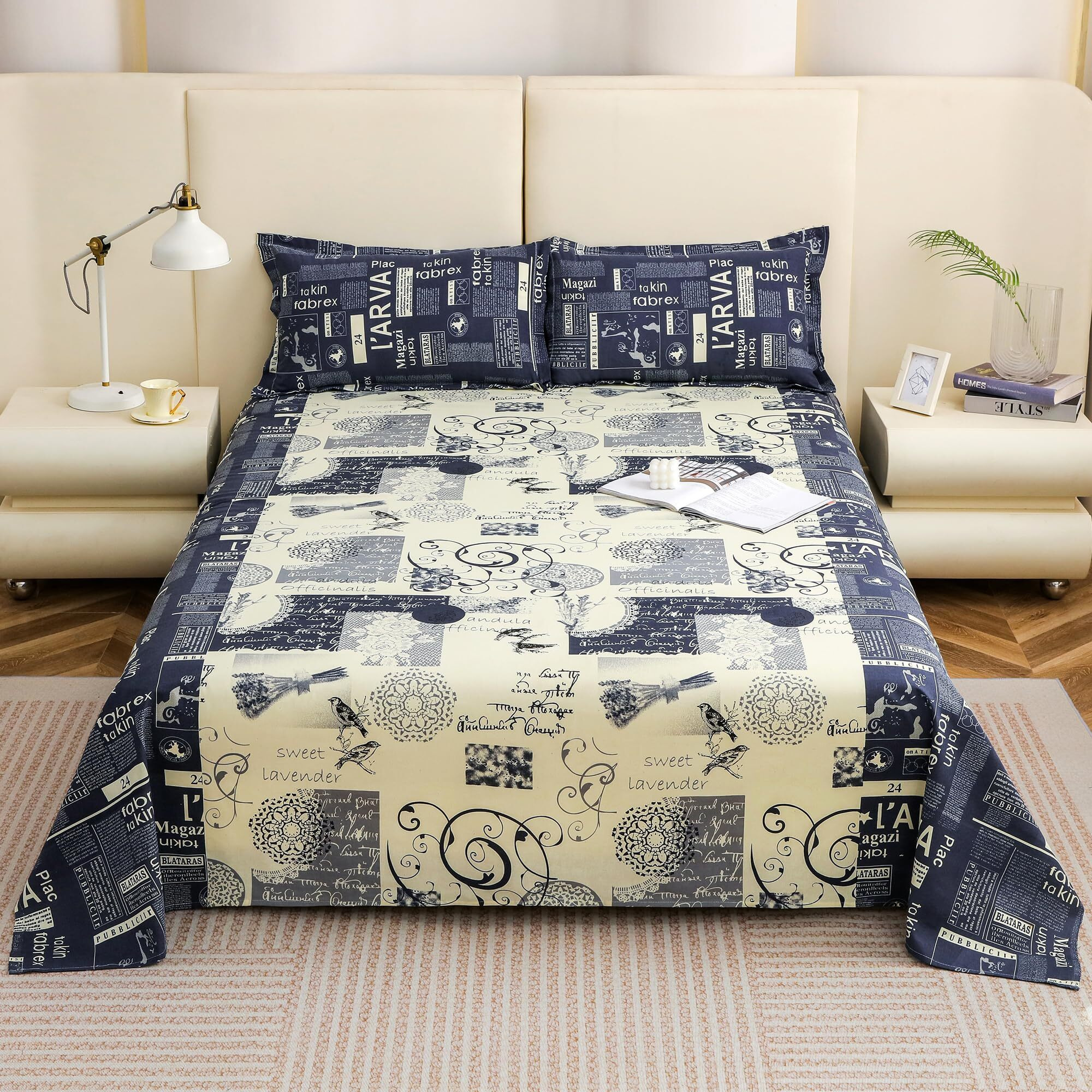 Story@Home Bedsheet For Double Bed King Size With 2 Pillow Covers | 210Tc, 100% Pure Cotton Bed Sheets For Double Bed | 225 X 270Cm | Blue & Cream | Newspaper Print | Home Decor | Perfect For Gifting