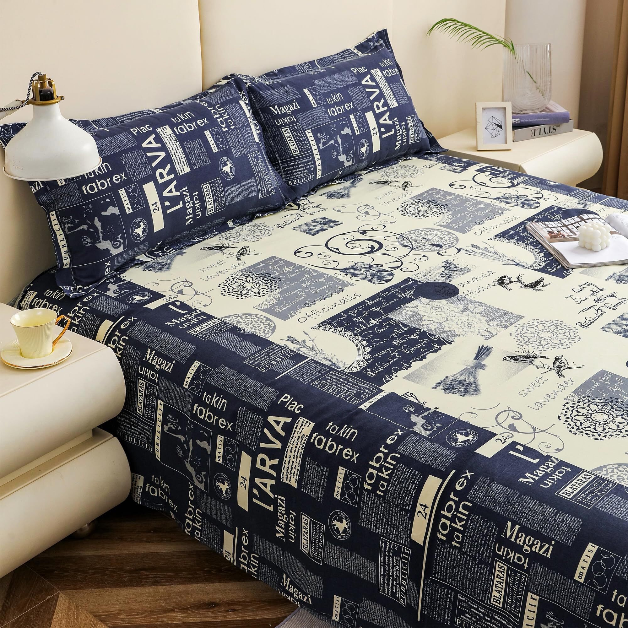 Story@Home Bedsheet For Double Bed King Size With 2 Pillow Covers | 210Tc, 100% Pure Cotton Bed Sheets For Double Bed | 225 X 270Cm | Blue & Cream | Newspaper Print | Home Decor | Perfect For Gifting