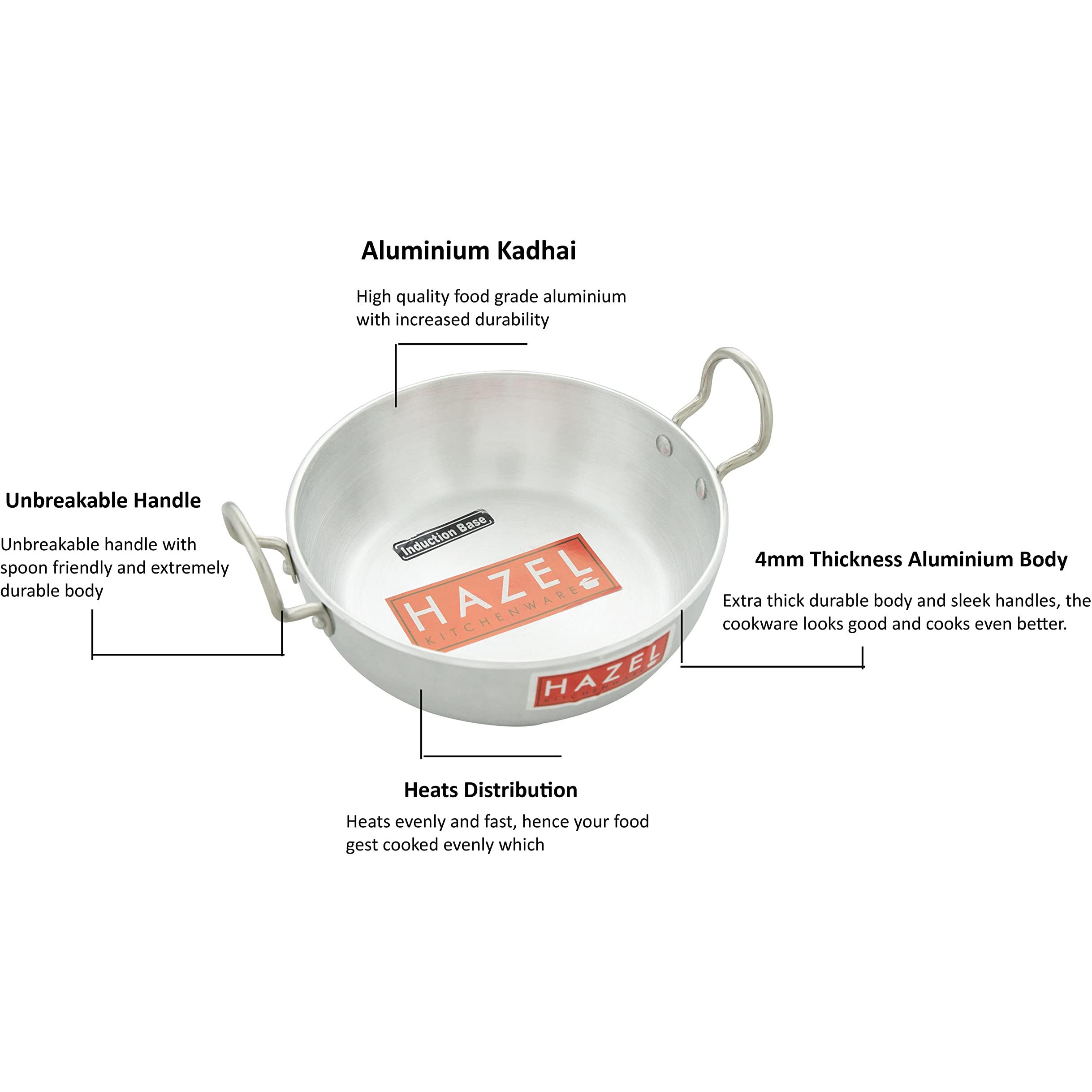 Hazel 4 Mm Aluminium Induction Base Kadai With Handle, 3600 Ml, Silver.