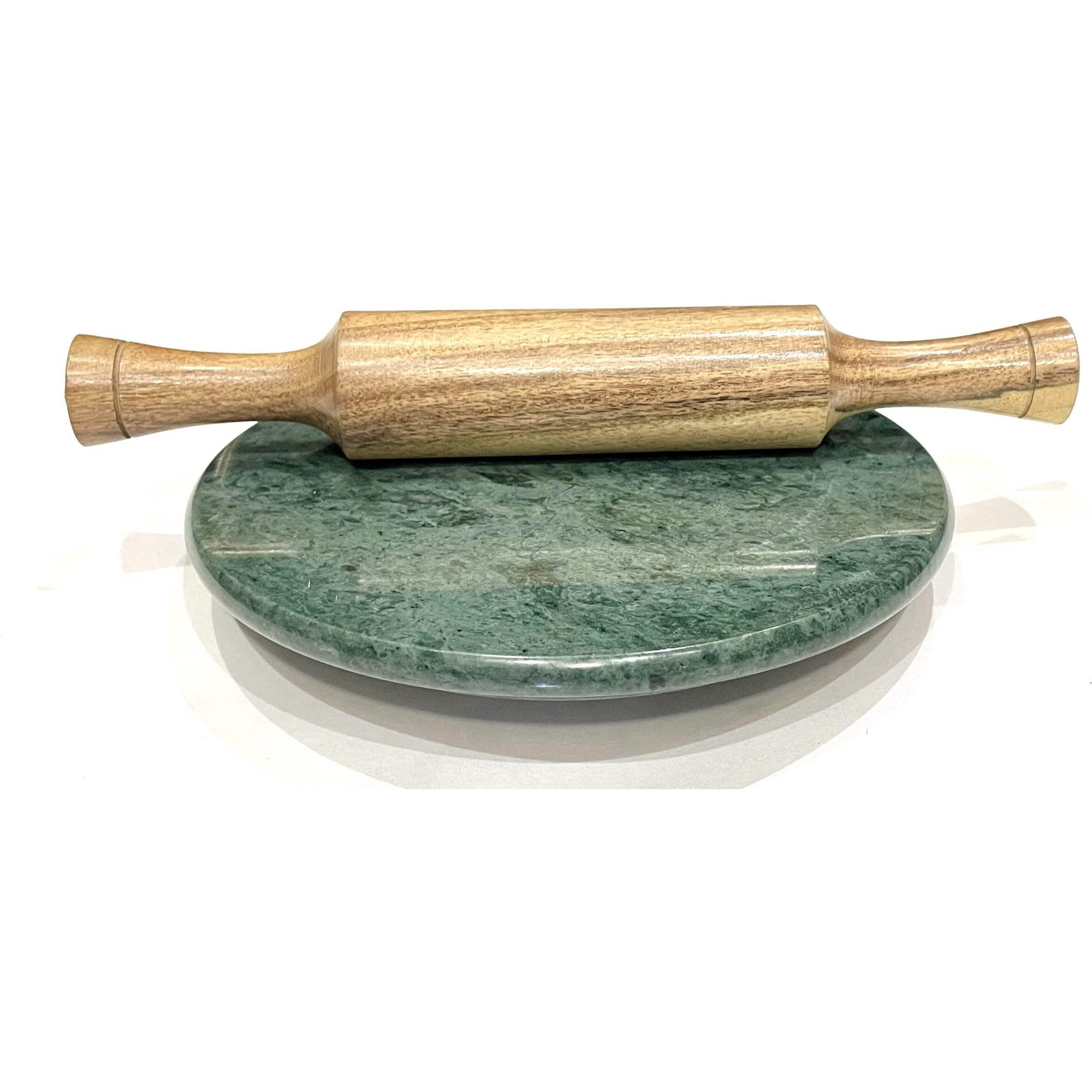 Vinayak Crafters Green Marble Roti Roller/Chakla With Belan/Rolling Pin, 22 Cms