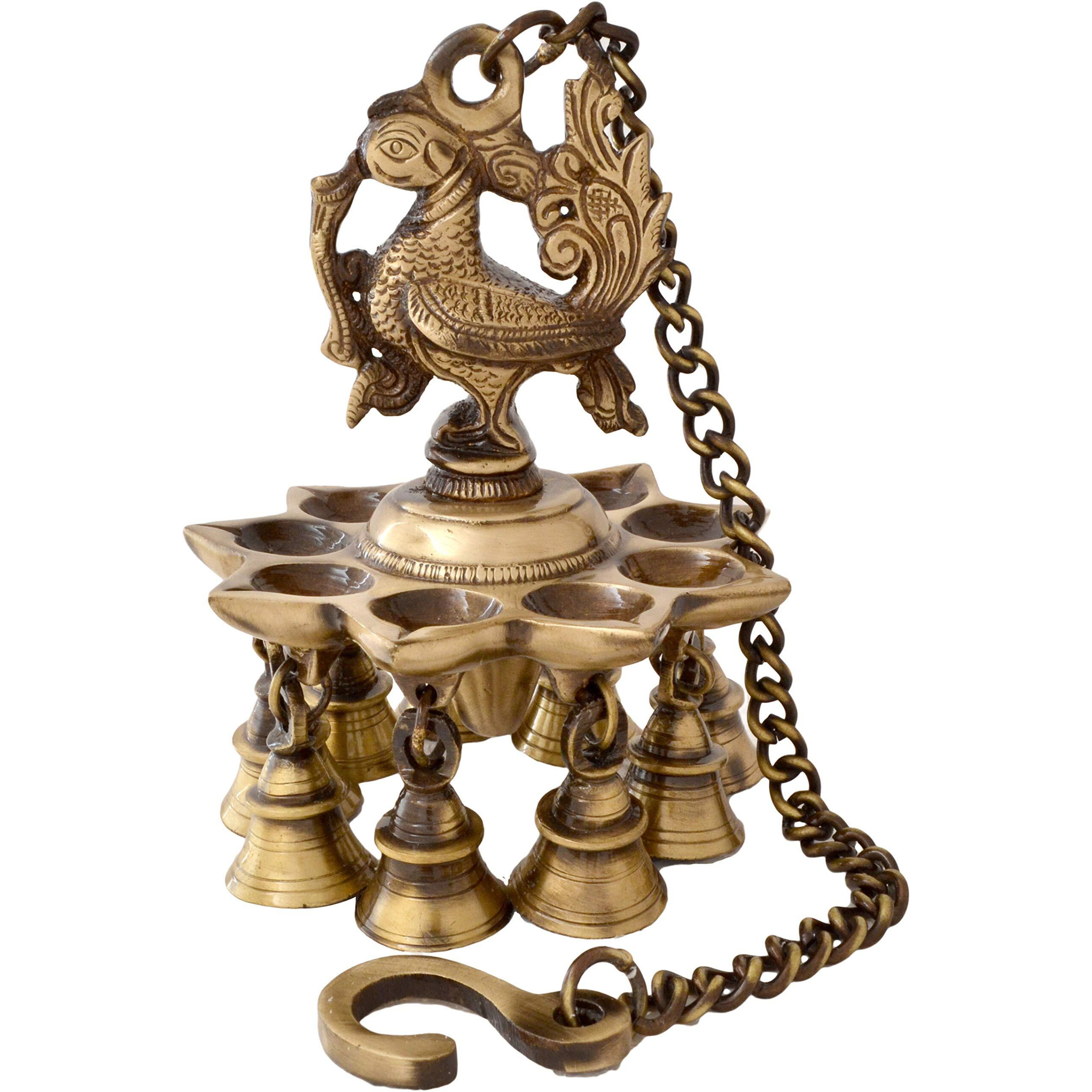 Two Moustaches Peacock Design Brass Hanging Diya With Bells, Diyas For Home Decoration, 1.1 Kg Brass Hanging Lamp Diya, 4 Inches Diya, 14 Inches Chain Length, Brass Hanging Lamp, Pack Of 1