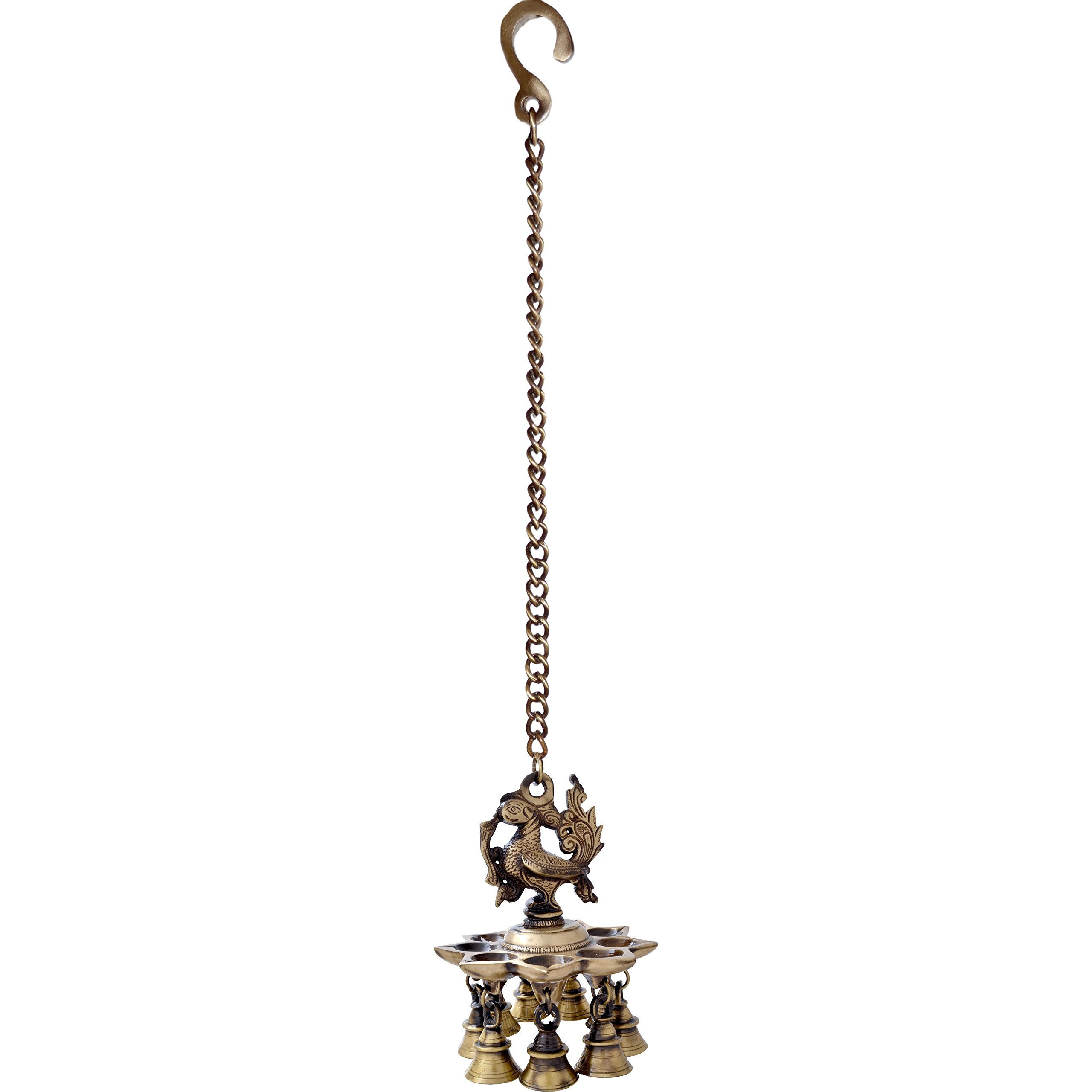 Two Moustaches Peacock Design Brass Hanging Diya With Bells, Diyas For Home Decoration, 1.1 Kg Brass Hanging Lamp Diya, 4 Inches Diya, 14 Inches Chain Length, Brass Hanging Lamp, Pack Of 1