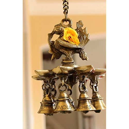 Two Moustaches Peacock Design Brass Hanging Diya With Bells, Diyas For Home Decoration, 1.1 Kg Brass Hanging Lamp Diya, 4 Inches Diya, 14 Inches Chain Length, Brass Hanging Lamp, Pack Of 1