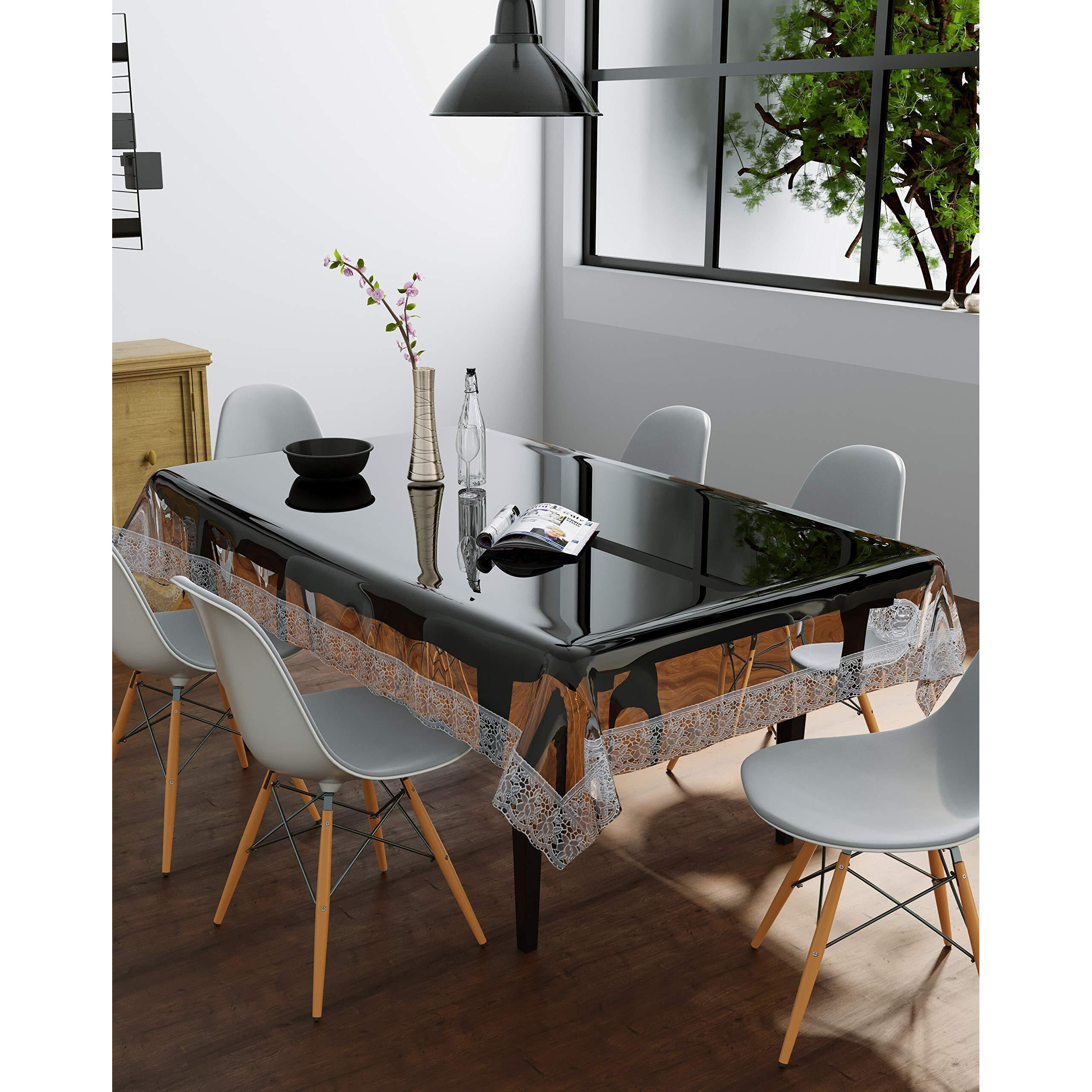 Clasiko Rectangular Pvc Table Cover 6 Seaters (Transparent With Silver Lace, 60X90-Inch, 30 Mm)