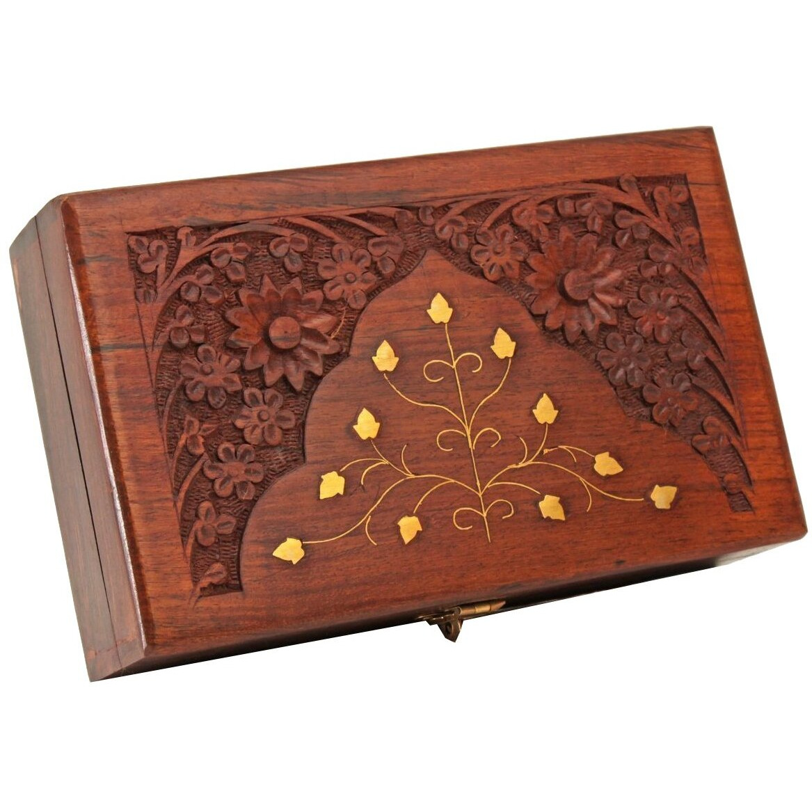Rgrandsons Handmade Wooden Keepsake Storage Box Jewelry Trinket Holder Organizer Floral Hand Carvings With Brass Inlay 6 Inch, Rectangular