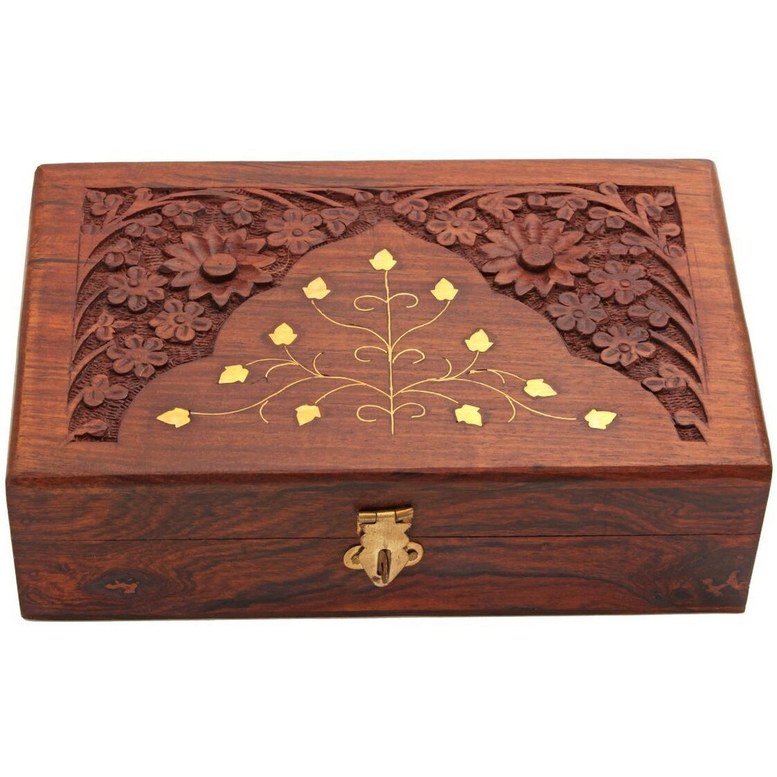 Rgrandsons Handmade Wooden Keepsake Storage Box Jewelry Trinket Holder Organizer Floral Hand Carvings With Brass Inlay 8 Inch