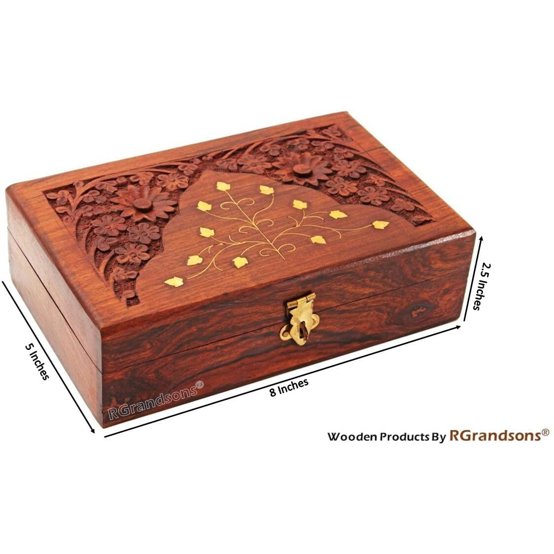 Rgrandsons Handmade Wooden Keepsake Storage Box Jewelry Trinket Holder Organizer Floral Hand Carvings With Brass Inlay 8 Inch