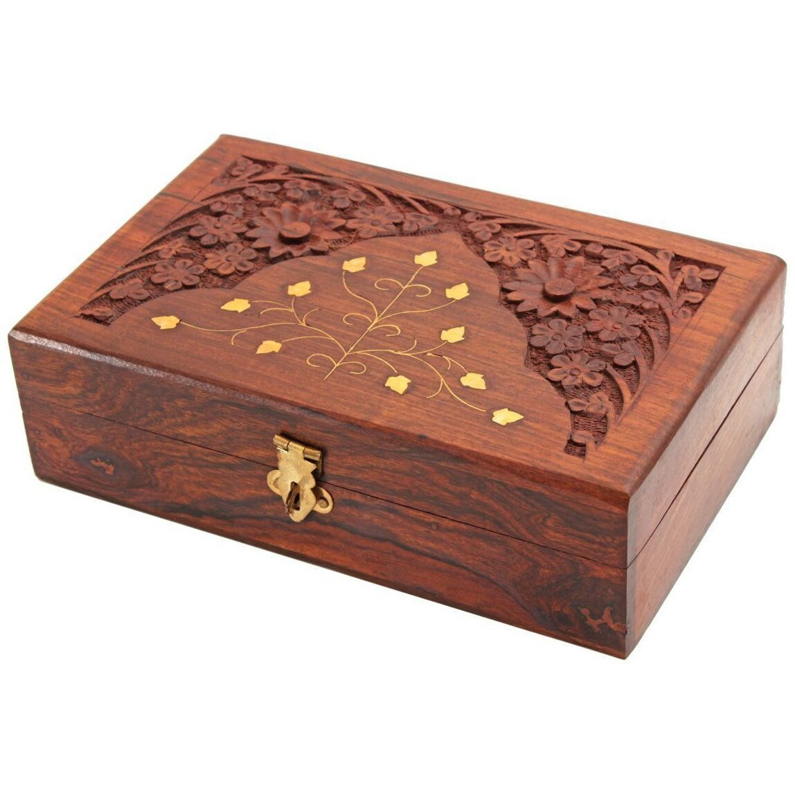 Rgrandsons Handmade Wooden Keepsake Storage Box Jewelry Trinket Holder Organizer Floral Hand Carvings With Brass Inlay 8 Inch