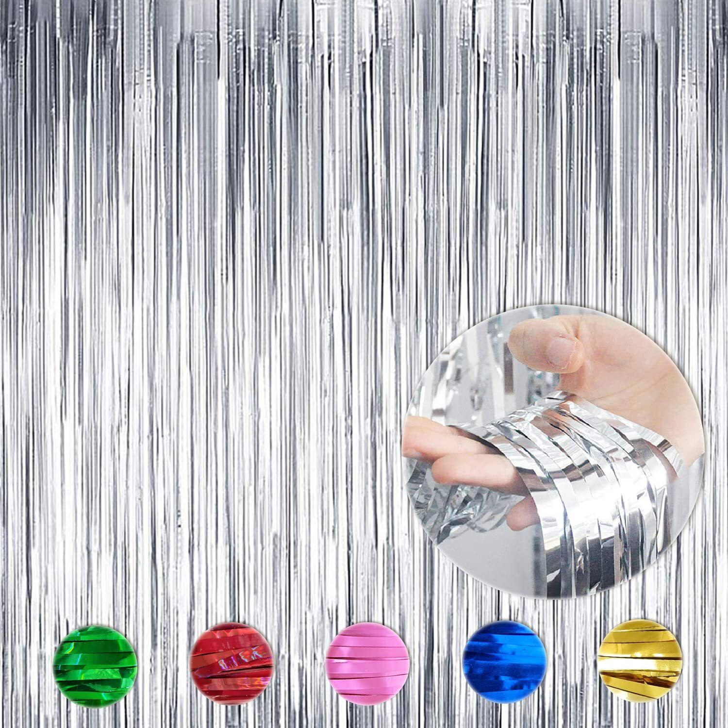 Wobbox Tinsel Metallic Foil Fringe Curtains Backdrop Door Window Curtain Party Decoration, Silver (Big, 3Ft X 8Ft)