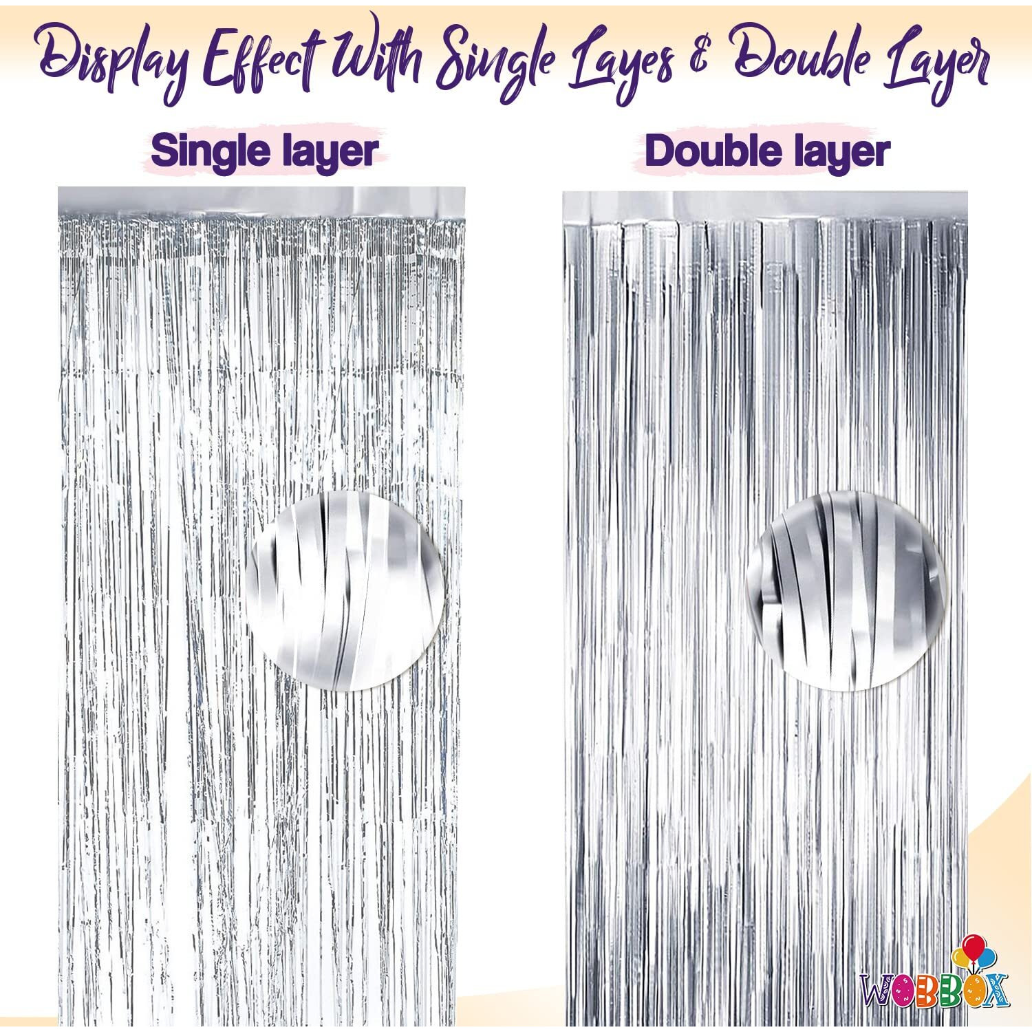 Wobbox Tinsel Metallic Foil Fringe Curtains Backdrop Door Window Curtain Party Decoration, Silver (Big, 3Ft X 8Ft)