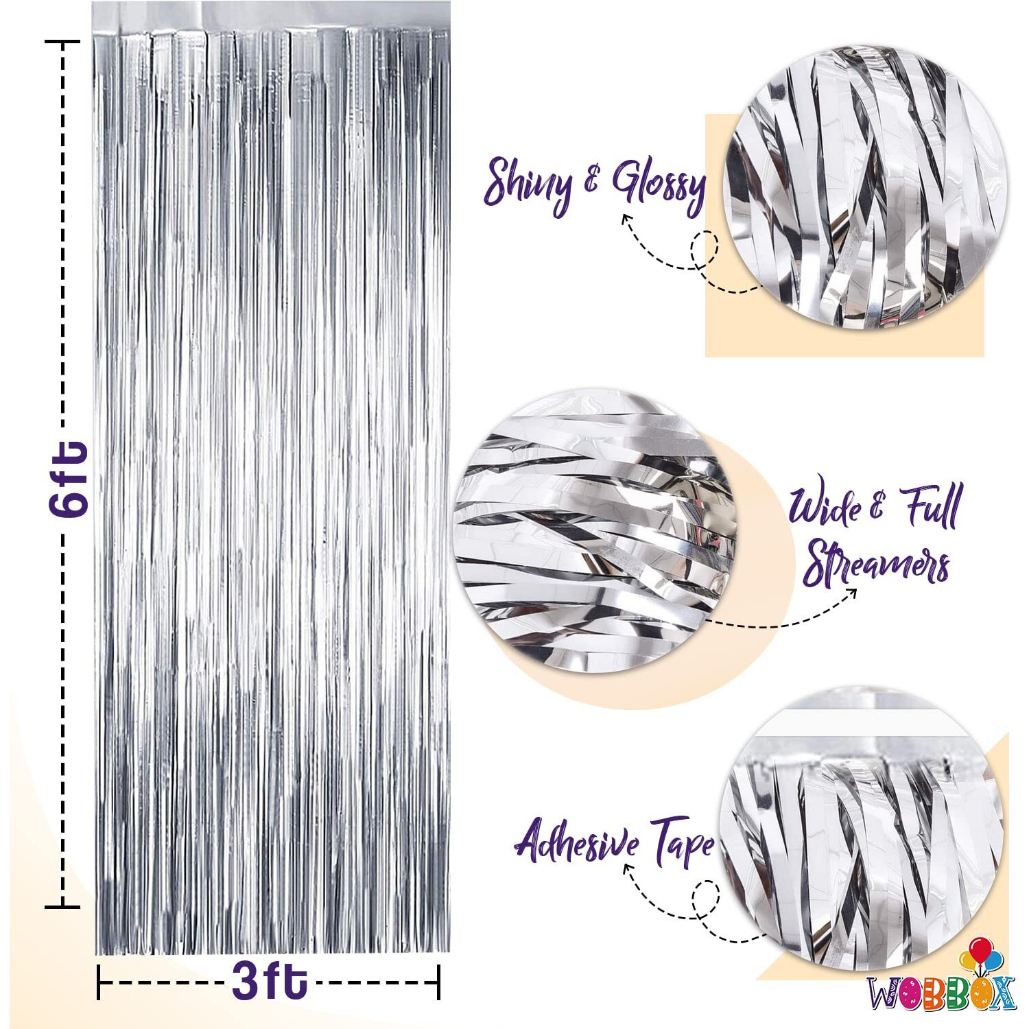 Wobbox Tinsel Metallic Foil Fringe Curtains Backdrop Door Window Curtain Party Decoration, Silver (Big, 3Ft X 8Ft)