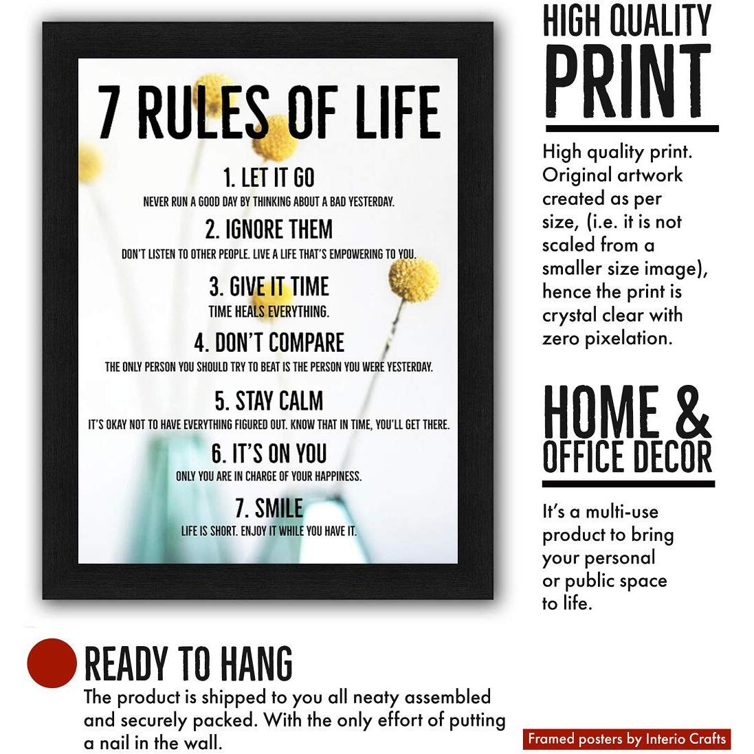 Interio Crafts 7 Rule Motivational Framed Poster Quote Wall Poster For Living Room Bedroom Office Wall Decoration (White,13X10 Inches)