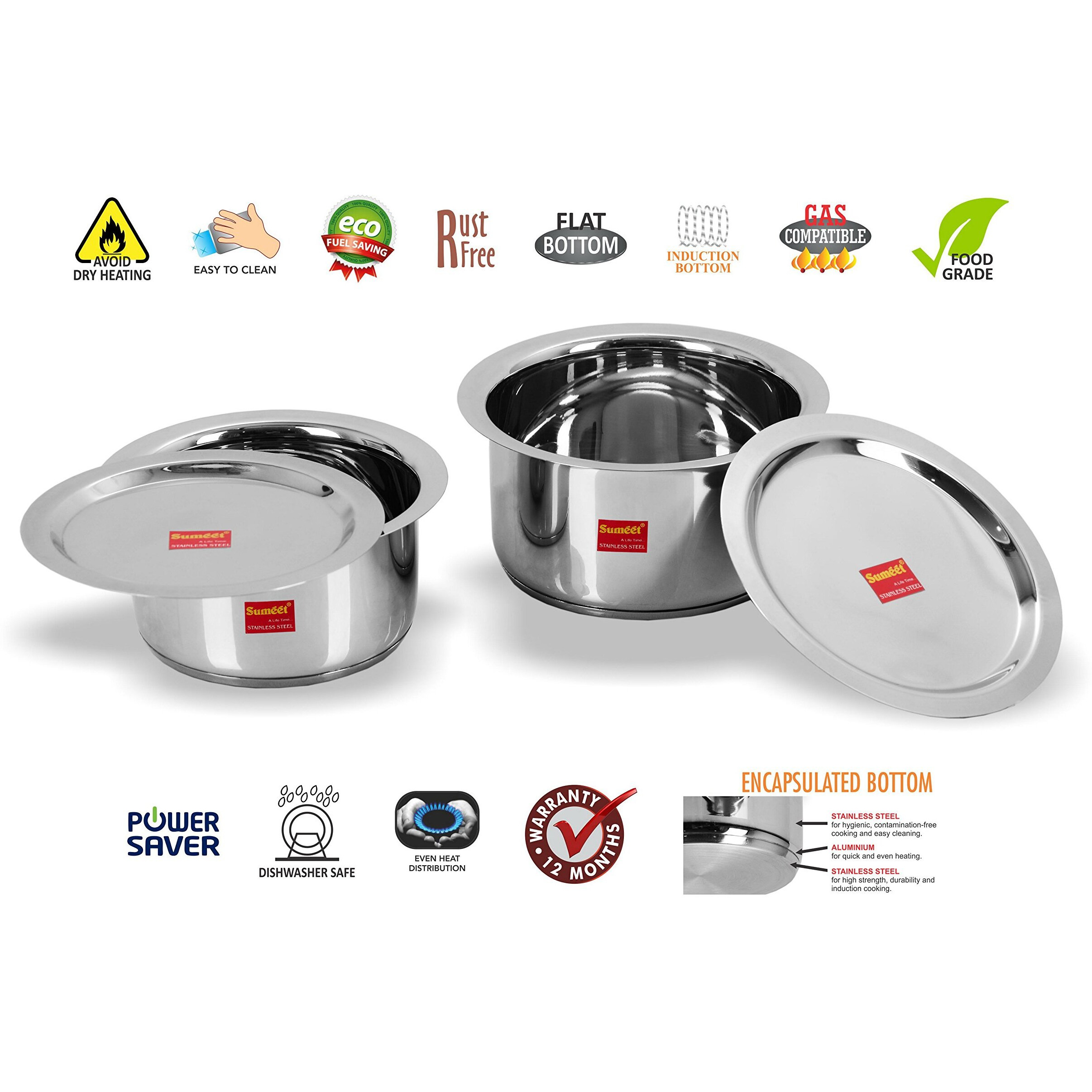 Sumeet Stainless Steel Cookware Set With Lid, 1 L & 1.25 L, 2 Piece (Steel), Mirror, 1 Liter