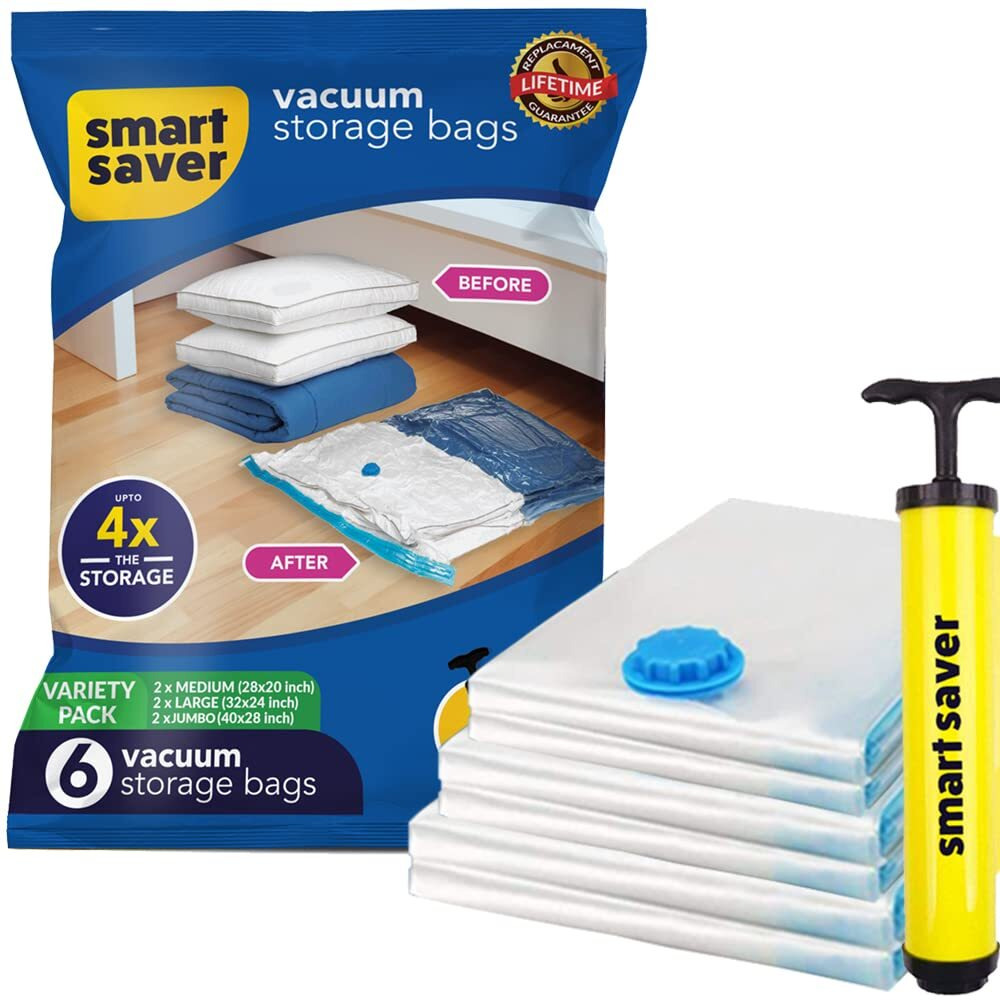 Smart Saver Plastic 6 Pack Vacuum Bags For Travel, Space Saver Bags Storage Bags For Vaccine Sealed Compression Packing Bag With Hand Pump, White