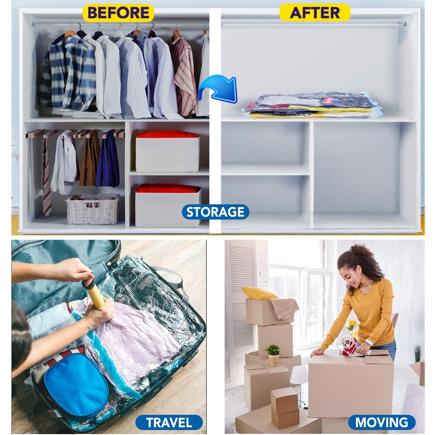 Smart Saver Plastic 6 Pack Vacuum Bags For Travel, Space Saver Bags Storage Bags For Vaccine Sealed Compression Packing Bag With Hand Pump, White