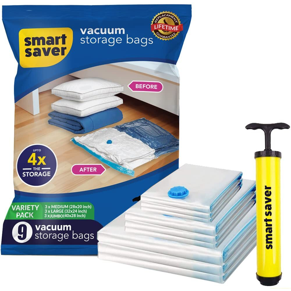9 Pack Smart Saver Vacuum Bags For Travel, Space Saver Bags (3Jumbo 3Large 3Medium) Compression Storage Bags For Clothes, Pillows, Comforters, Vaccine Sealed Compression Packing Bag With Hand Pump