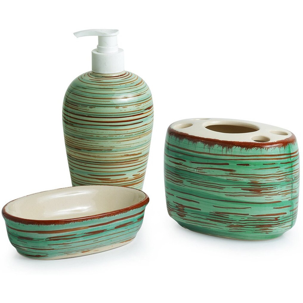 Exclusivelane Elegant Ceramic Bathroom Accessory Set Of 3 (Liquid Soap Dispenser, Soap Dish, Toothbrush Holder) - Sea Green & Brown (El-022-016)