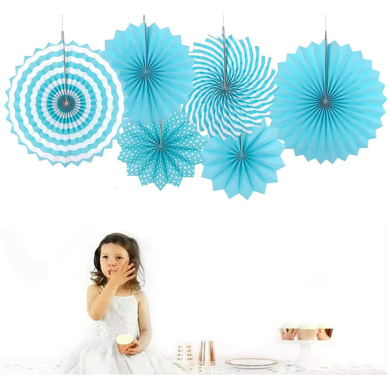Amfin Western Printed Paper Fan Decoration (Polka Dots Stripes Printed) Trend Party Fan For Wedding Birthday Showers - Blue (Pack Of 6)