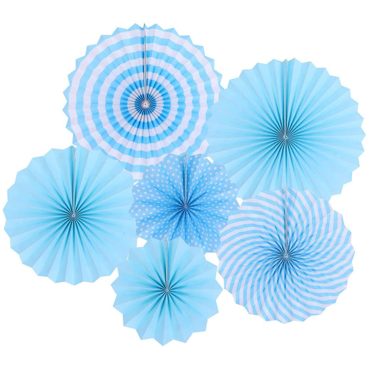 Amfin Western Printed Paper Fan Decoration (Polka Dots Stripes Printed) Trend Party Fan For Wedding Birthday Showers - Blue (Pack Of 6)